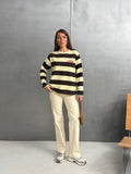 Kadın Baskılı Çizgili Bisiklet Yaka Oversize Sweatshirt 27222 - Sarı
