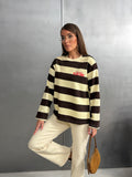 Kadın Baskılı Çizgili Bisiklet Yaka Oversize Sweatshirt 27222 - Sarı