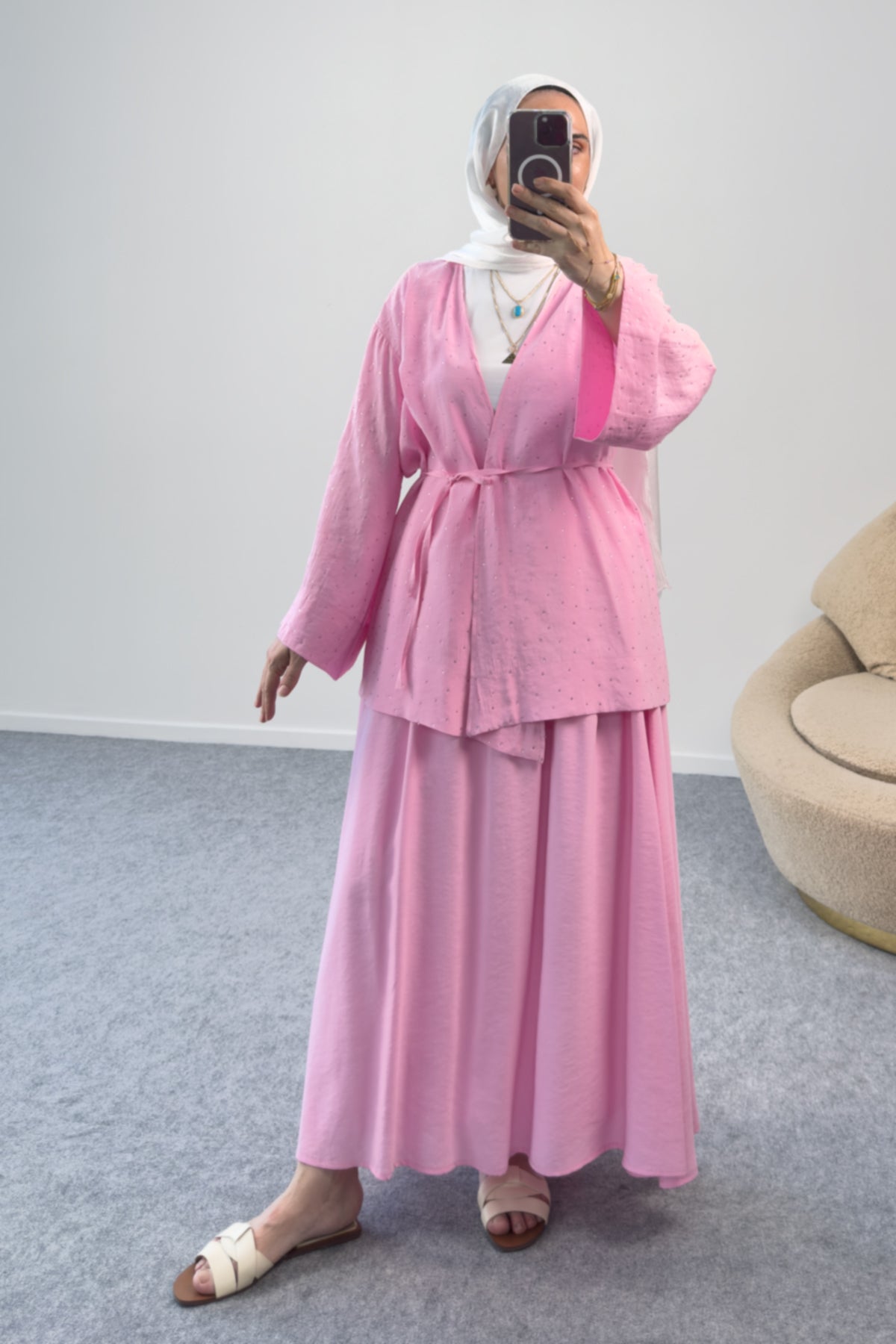 Kuşaklı Taş Detaylı Kimono Bluz ve Uzun Etekli İkili Takım 8866 - Pembe
