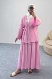 Kuşaklı Taş Detaylı Kimono Bluz ve Uzun Etekli İkili Takım 8866 - Pembe