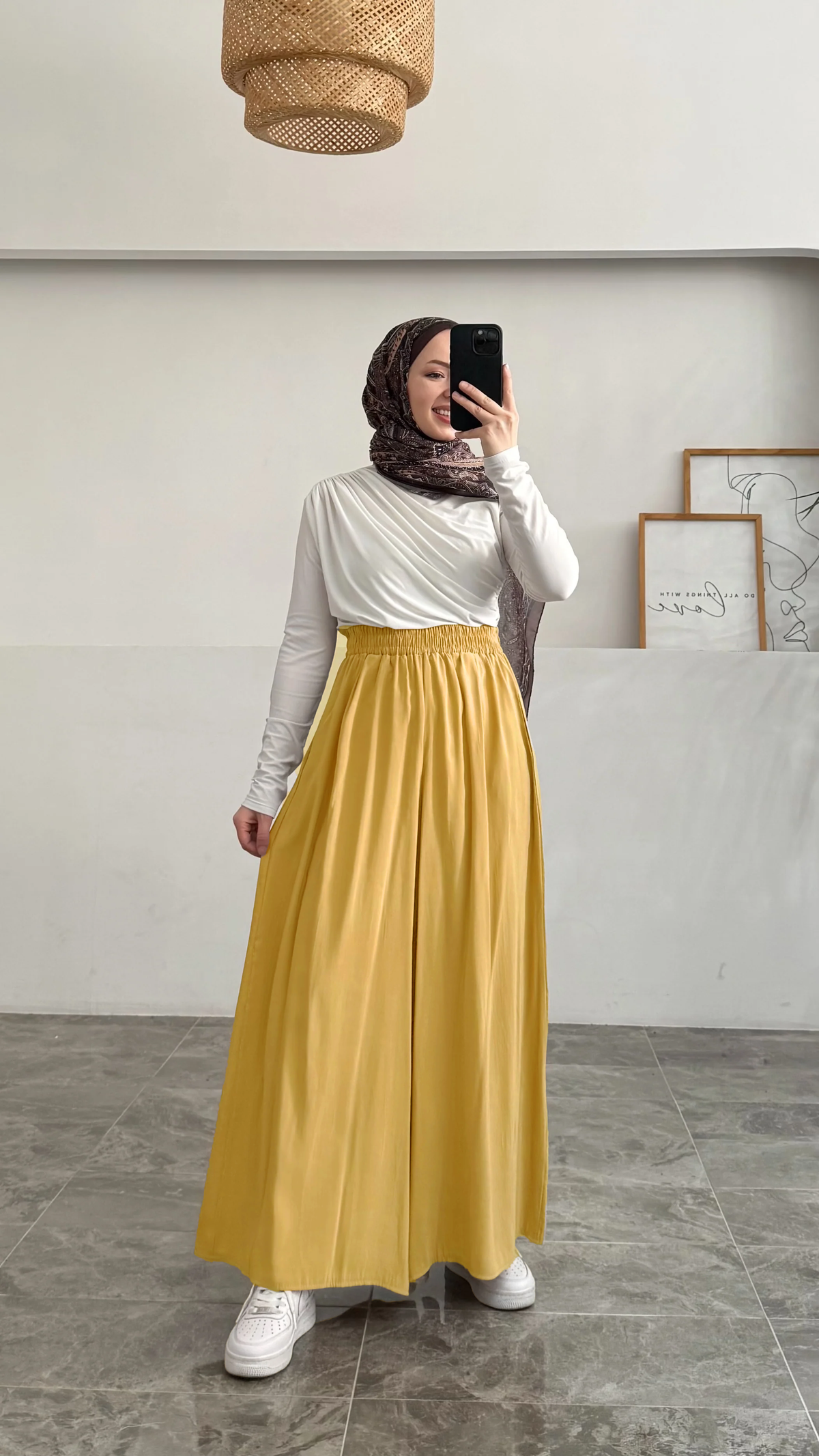 Beli Lastikli Geniş Paça Modal Etekli Pantolon 8809 - Soft Sarı
