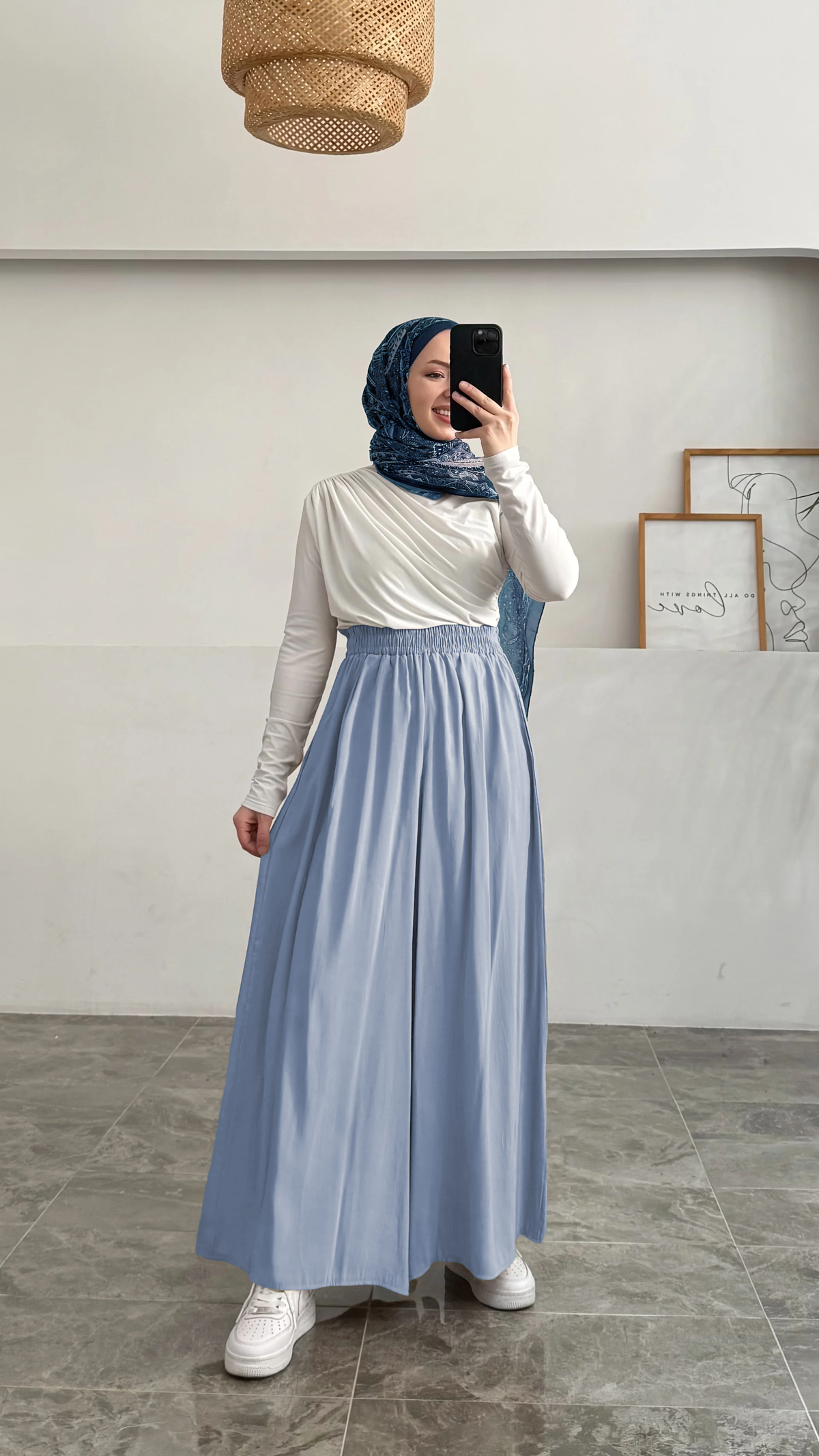 Beli Lastikli Geniş Paça Modal Etekli Pantolon 8809 - Mavi