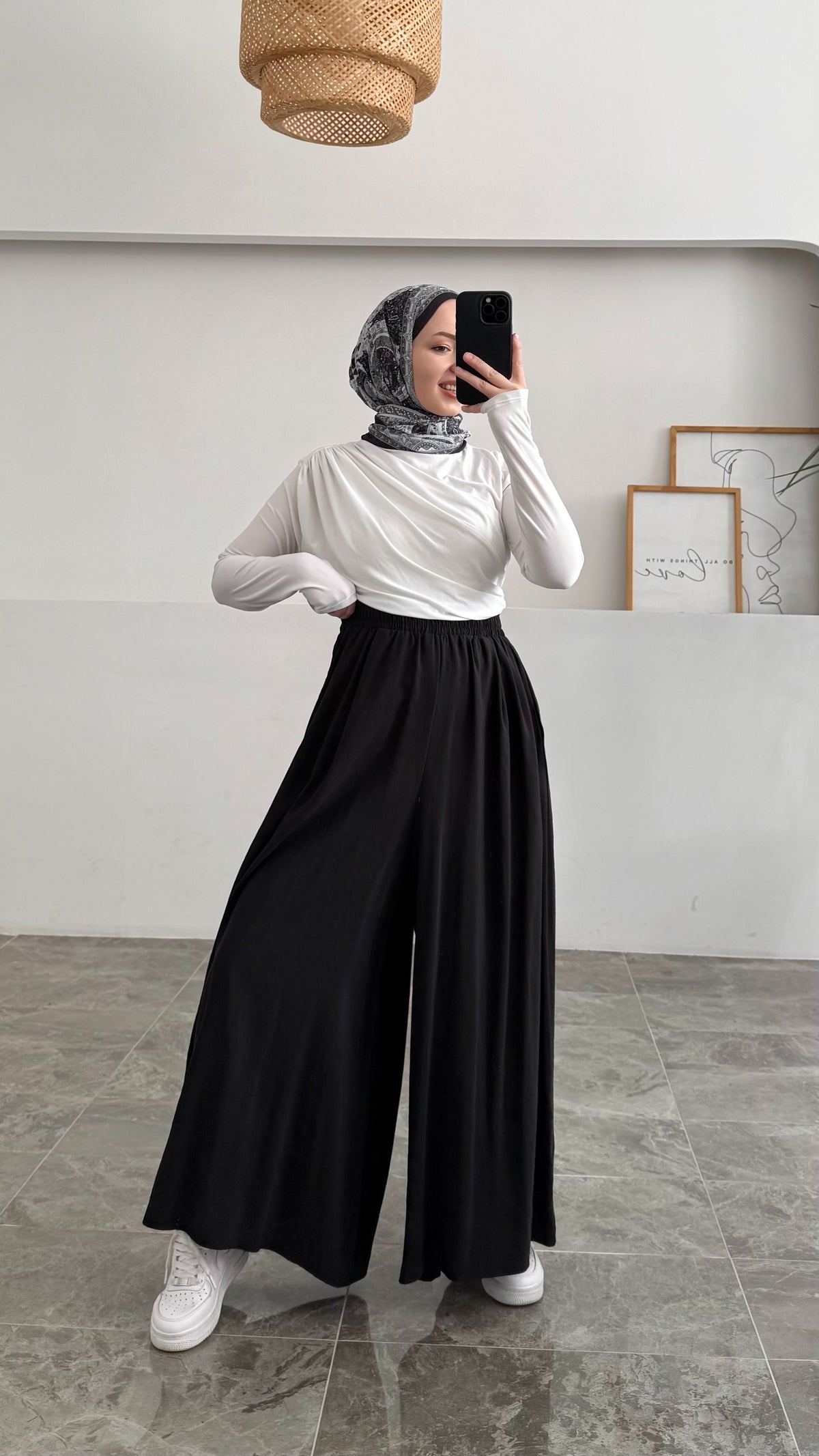 Beli Lastikli Geniş Paça Modal Etekli Pantolon 8809 - Siyah