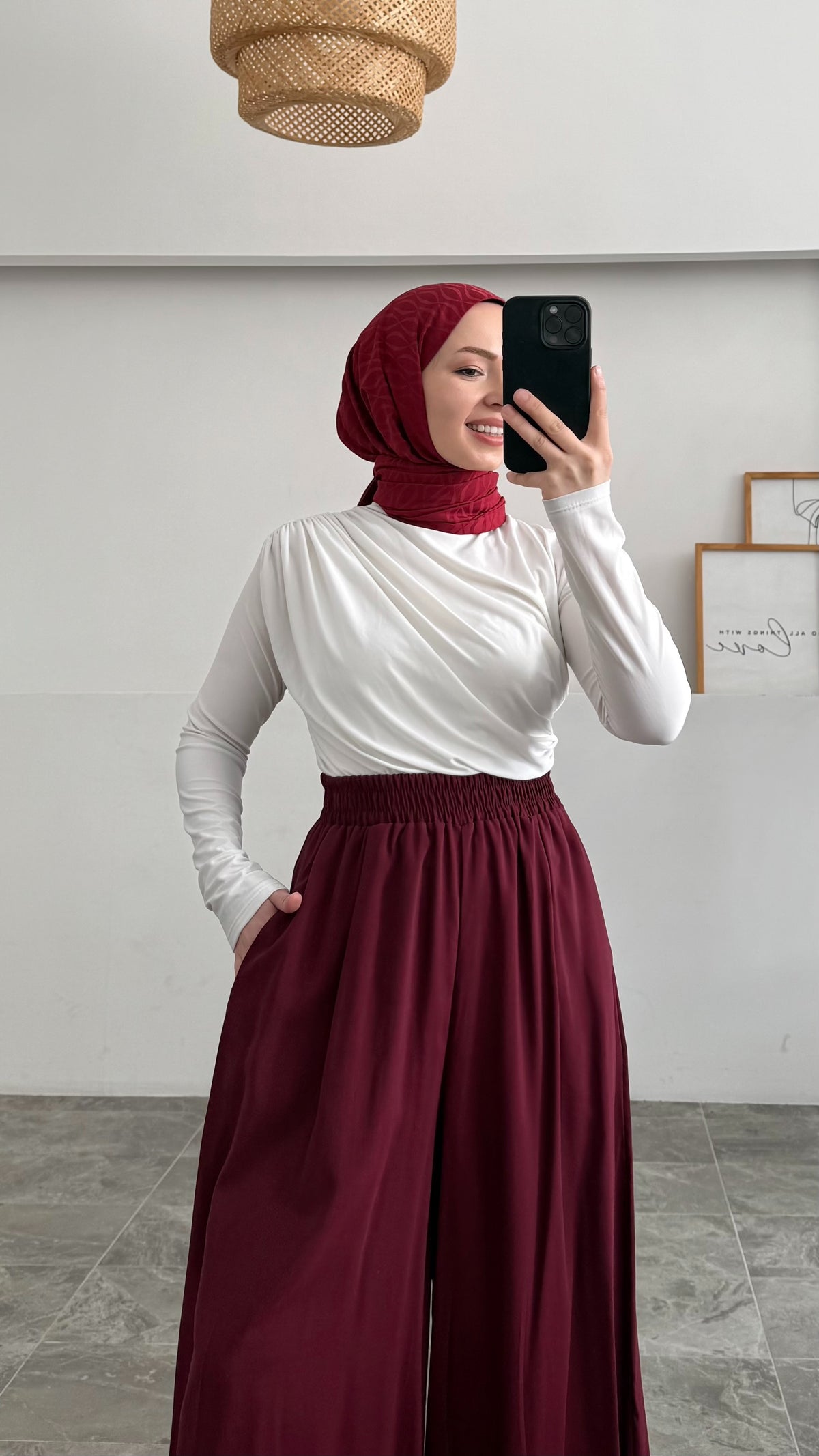 Beli Lastikli Geniş Paça Modal Etekli Pantolon - Bordo
