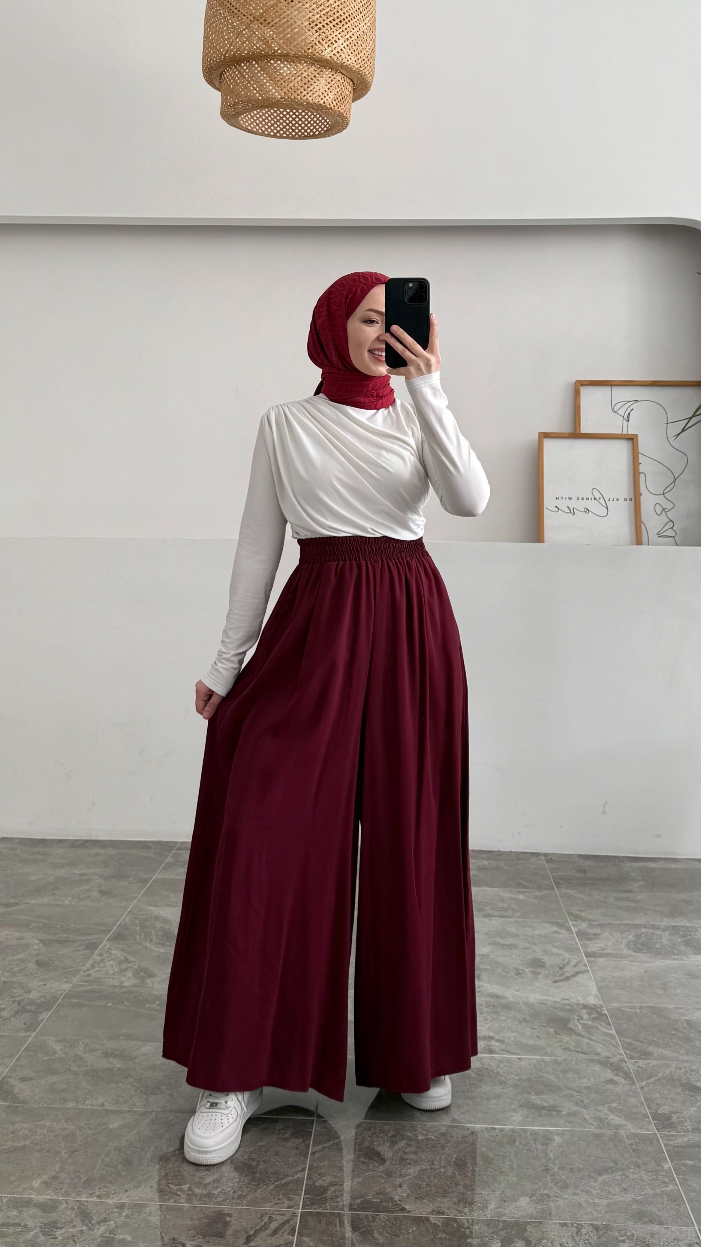 Beli Lastikli Geniş Paça Modal Etekli Pantolon - Bordo
