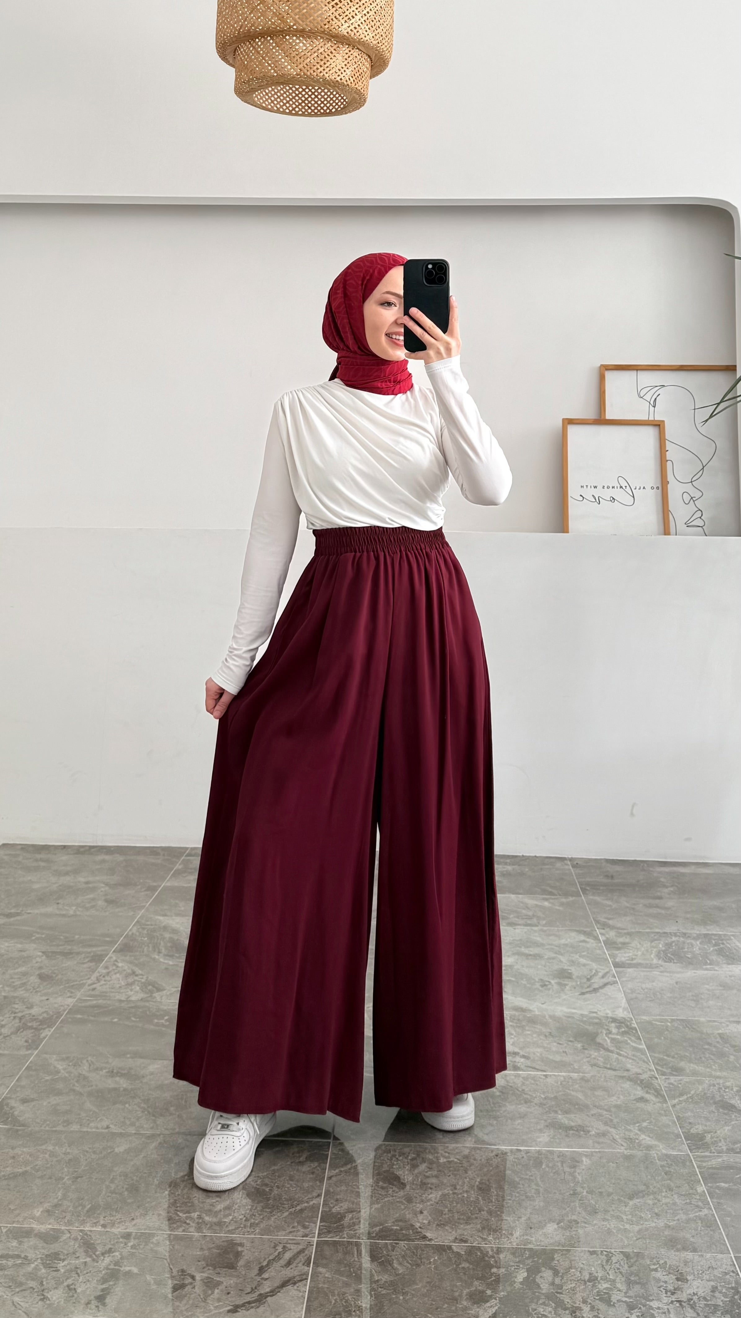 Beli Lastikli Geniş Paça Modal Etekli Pantolon - Bordo