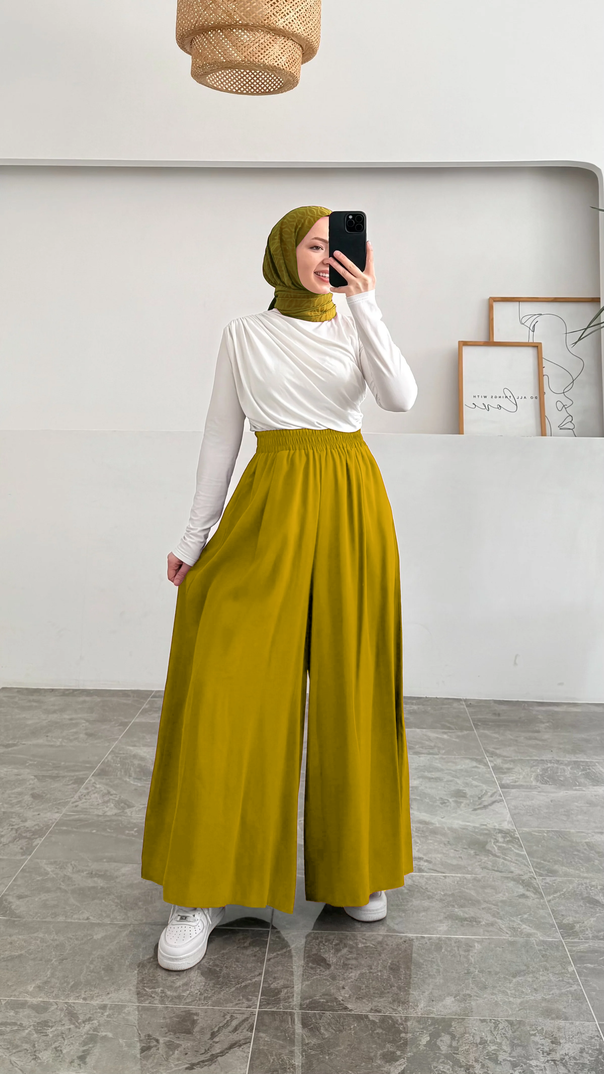 Beli Lastikli Geniş Paça Modal Etekli Pantolon 8809 - Yağ Yeşili