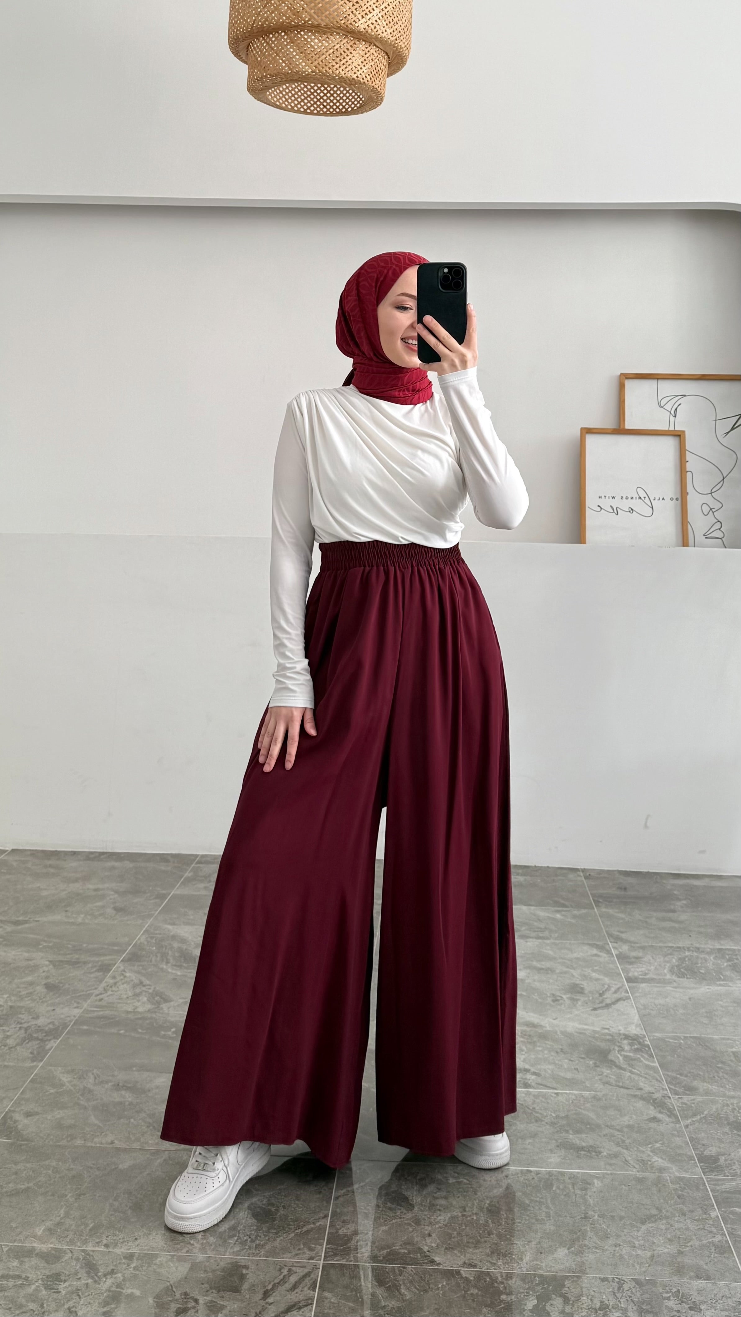 Beli Lastikli Geniş Paça Modal Etekli Pantolon - Bordo