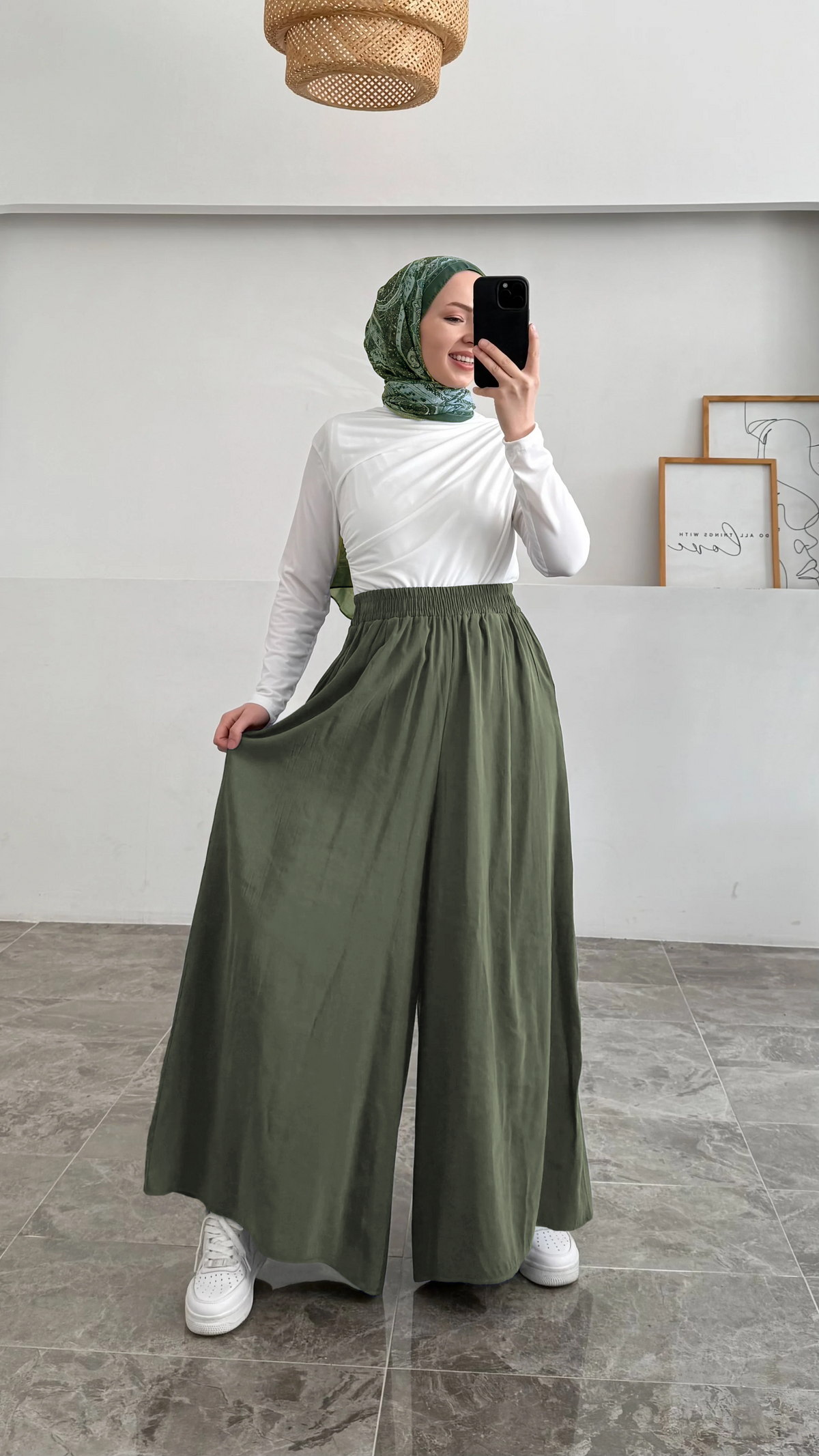 Beli Lastikli Geniş Paça Modal Etekli Pantolon 8809 - Koyu Yeşil