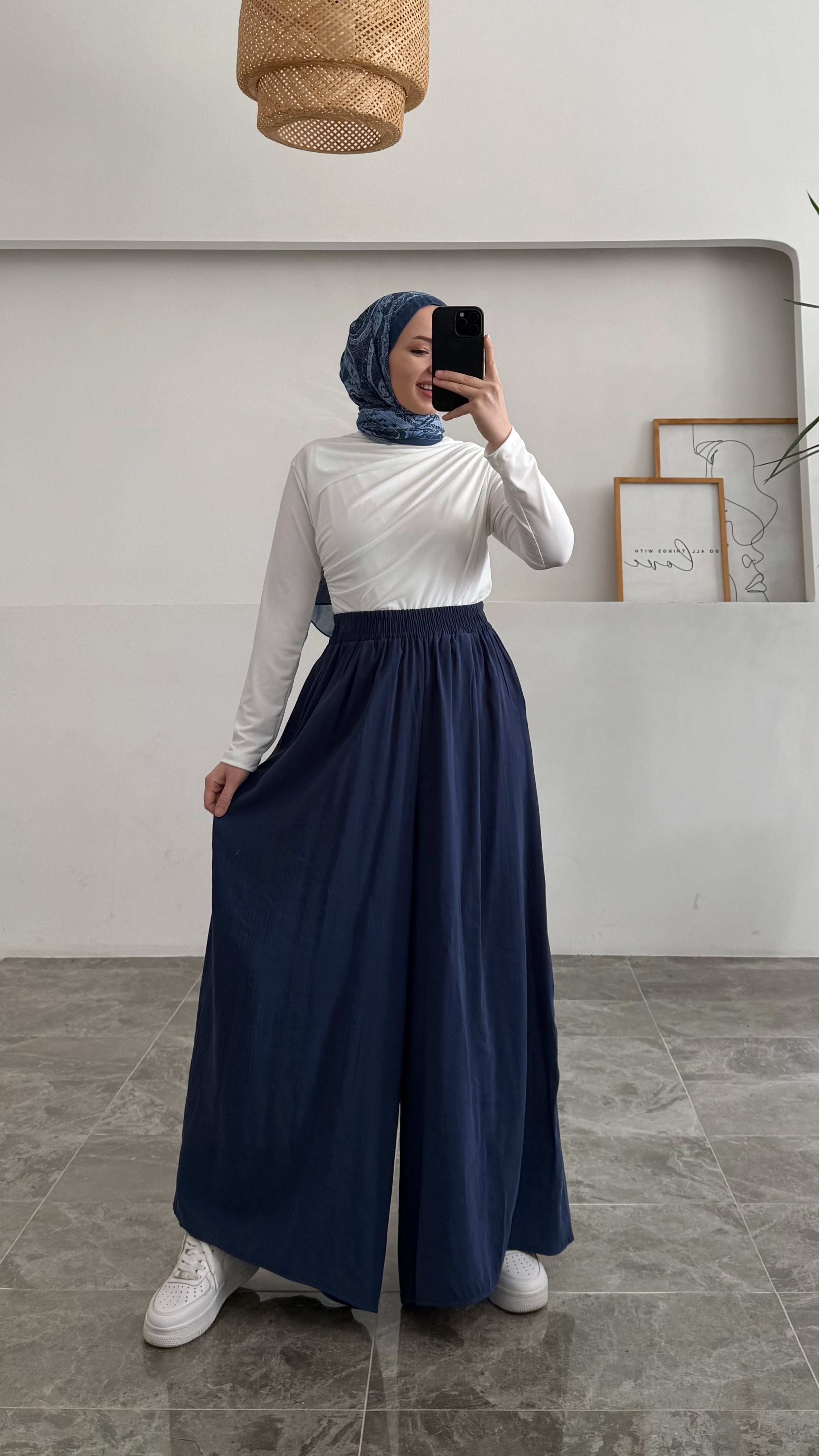 Beli Lastikli Geniş Paça Modal Etekli Pantolon 8809 - Lacivert