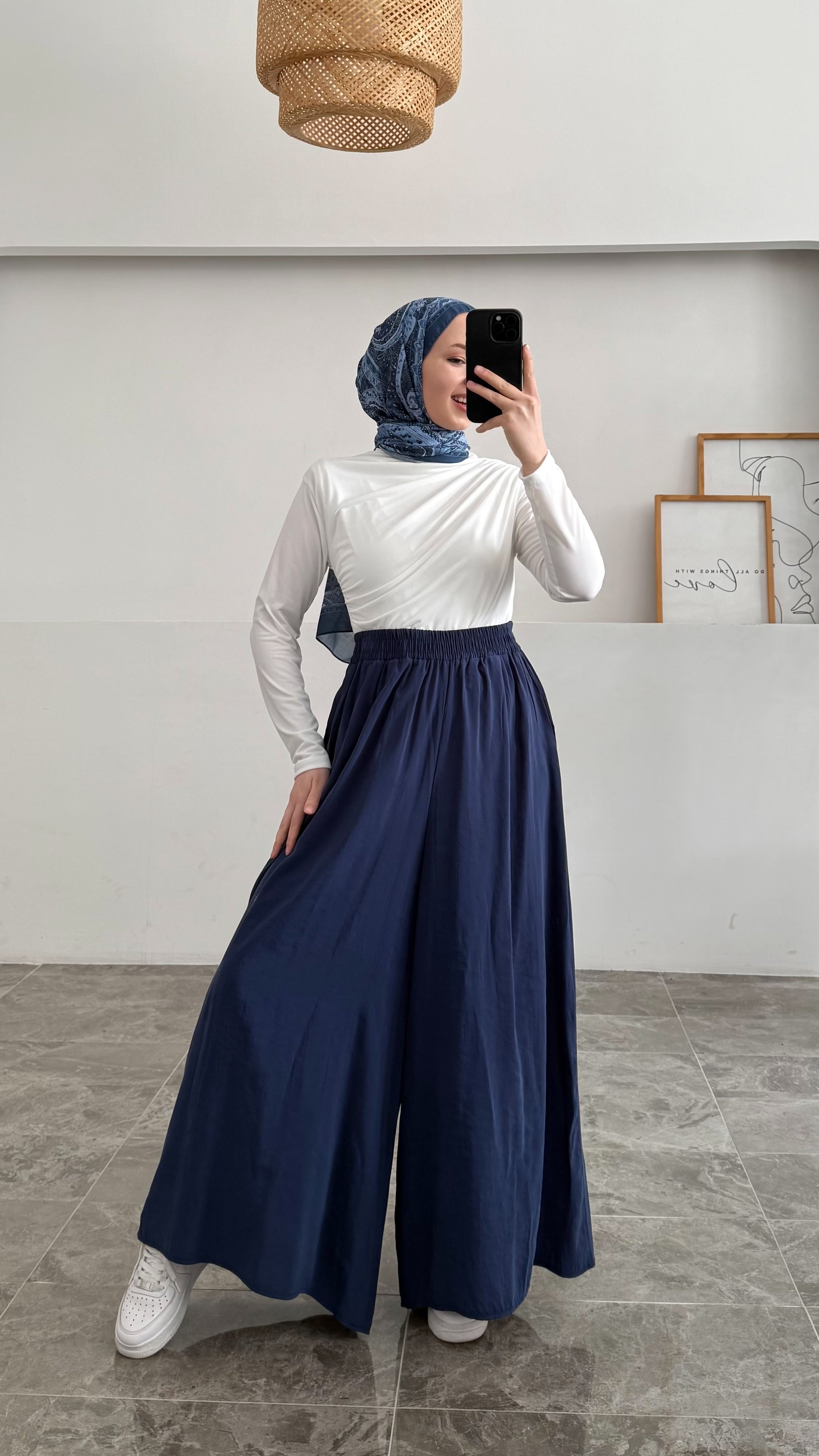 Beli Lastikli Geniş Paça Modal Etekli Pantolon 8809 - Lacivert