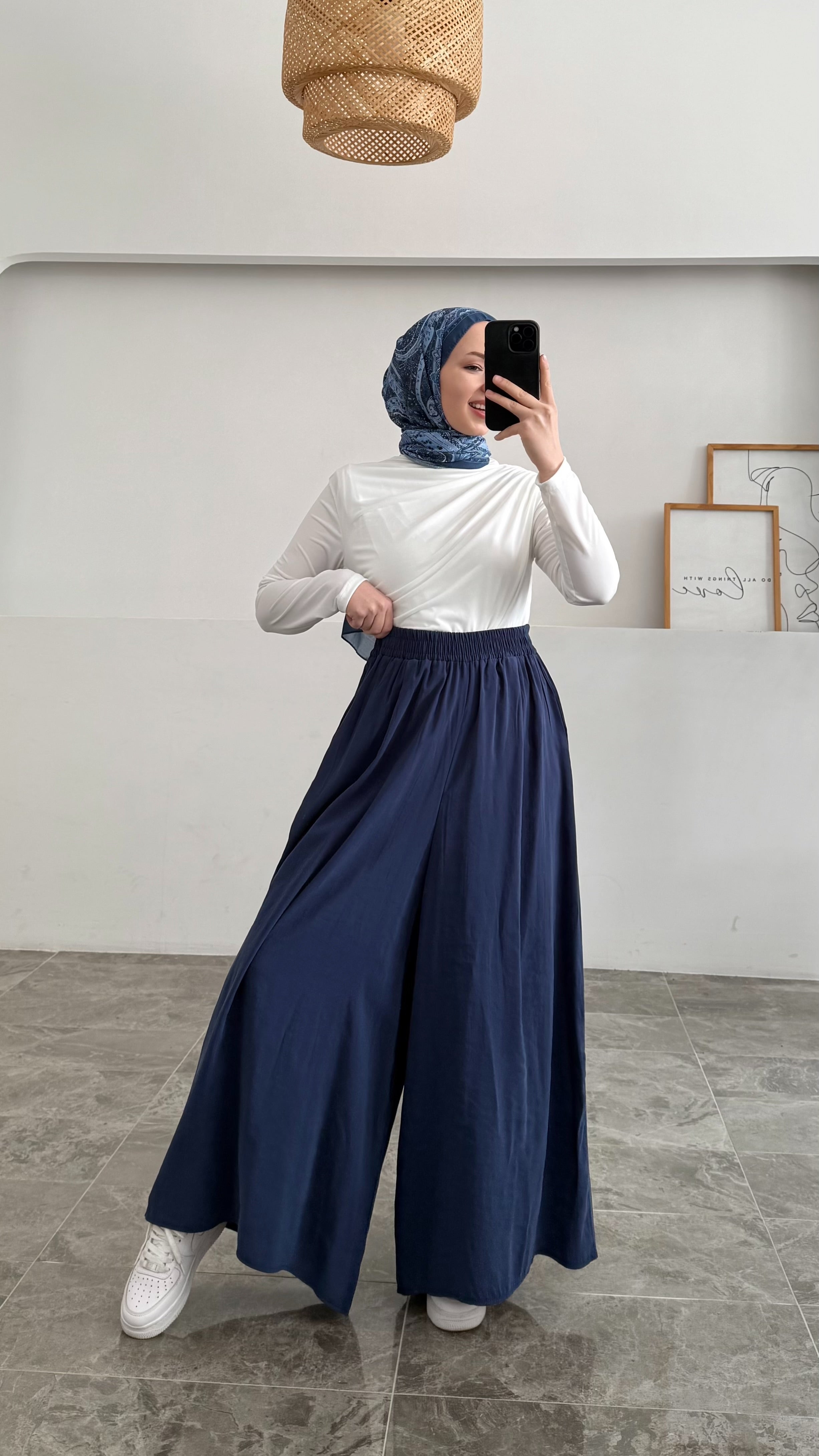 Beli Lastikli Geniş Paça Modal Etekli Pantolon 8809 - Lacivert
