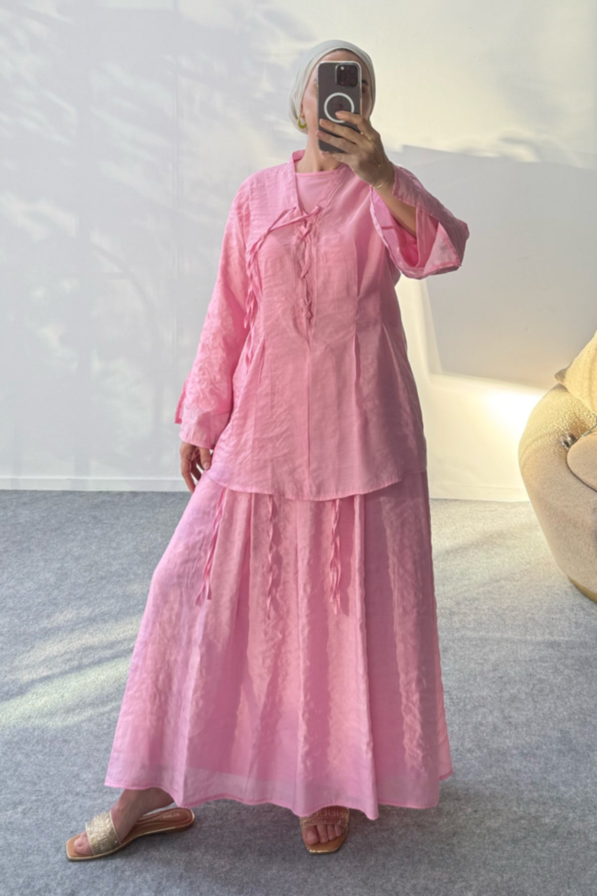 Astarlı V Yaka Bağlama Detaylı Bluz ve Uzun Etekli İkili Takım 8038 - Pembe