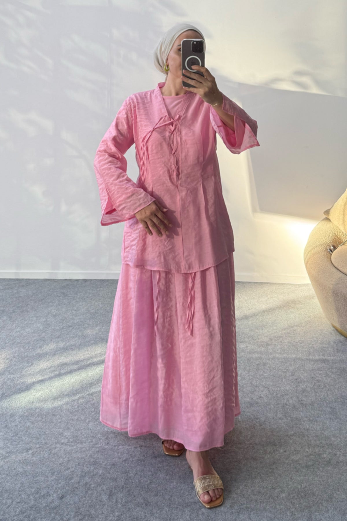 Astarlı V Yaka Bağlama Detaylı Bluz ve Uzun Etekli İkili Takım 8038 - Pembe