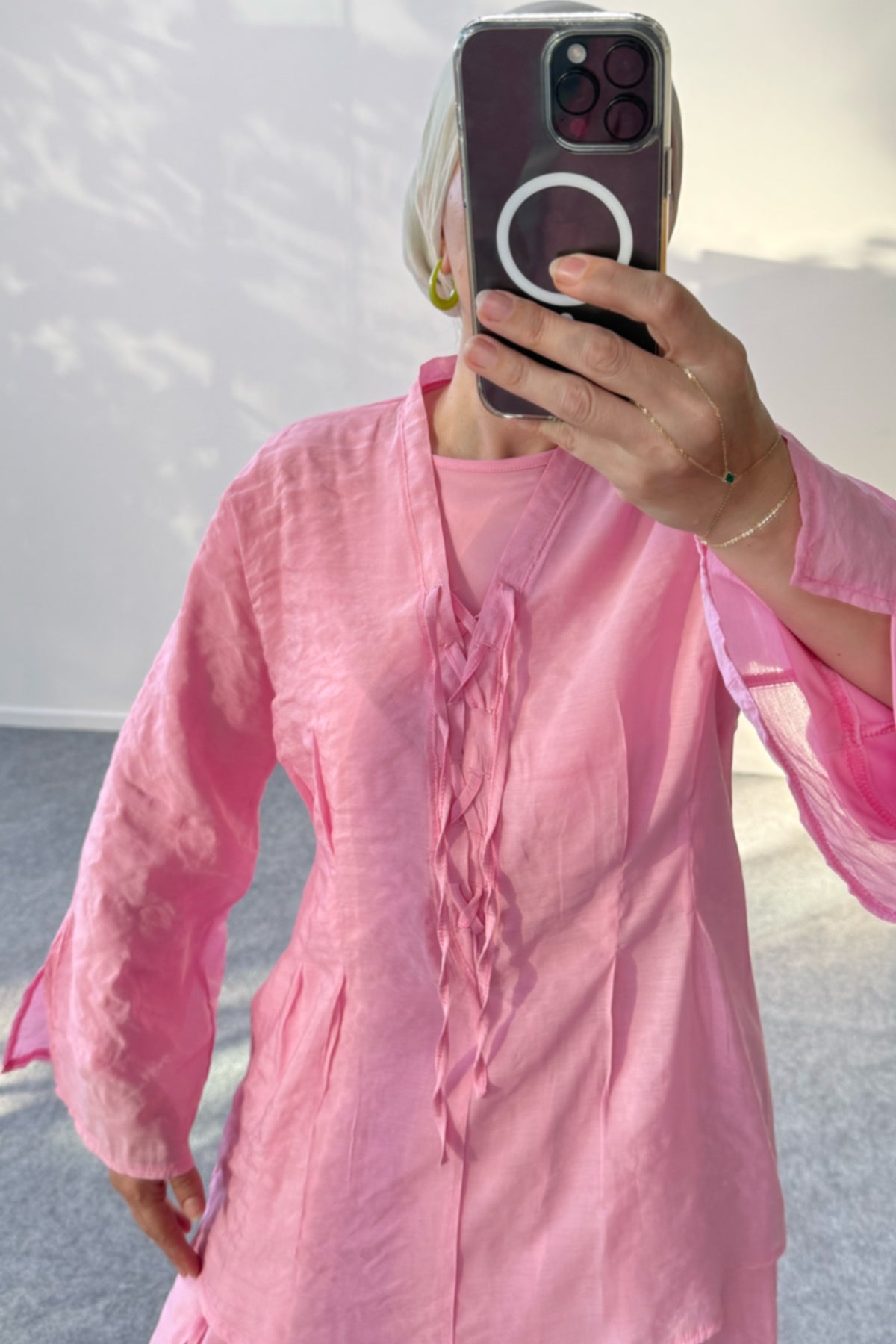 Astarlı V Yaka Bağlama Detaylı Bluz ve Uzun Etekli İkili Takım 8038 - Pembe