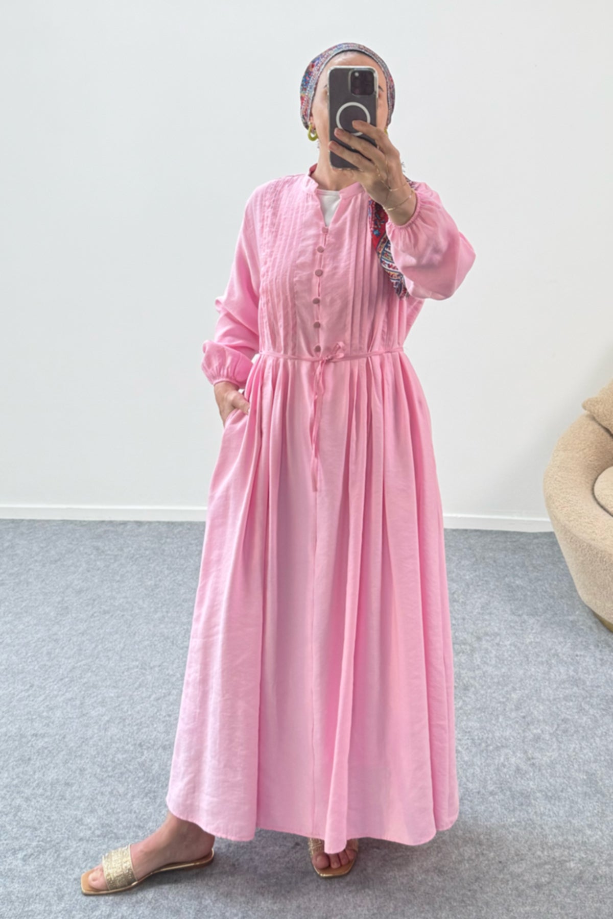 Göğsü Büzgü Detaylı Düğmeli Cepli Uzun Elbise 8032 - Pembe