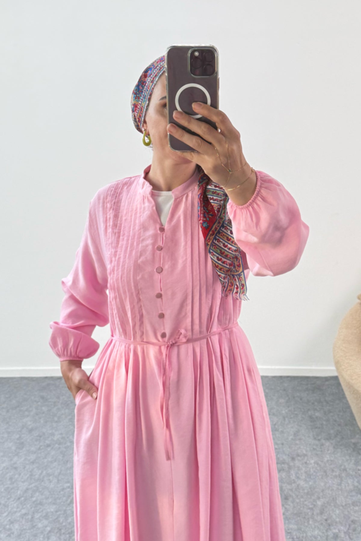 Göğsü Büzgü Detaylı Düğmeli Cepli Uzun Elbise 8032 - Pembe