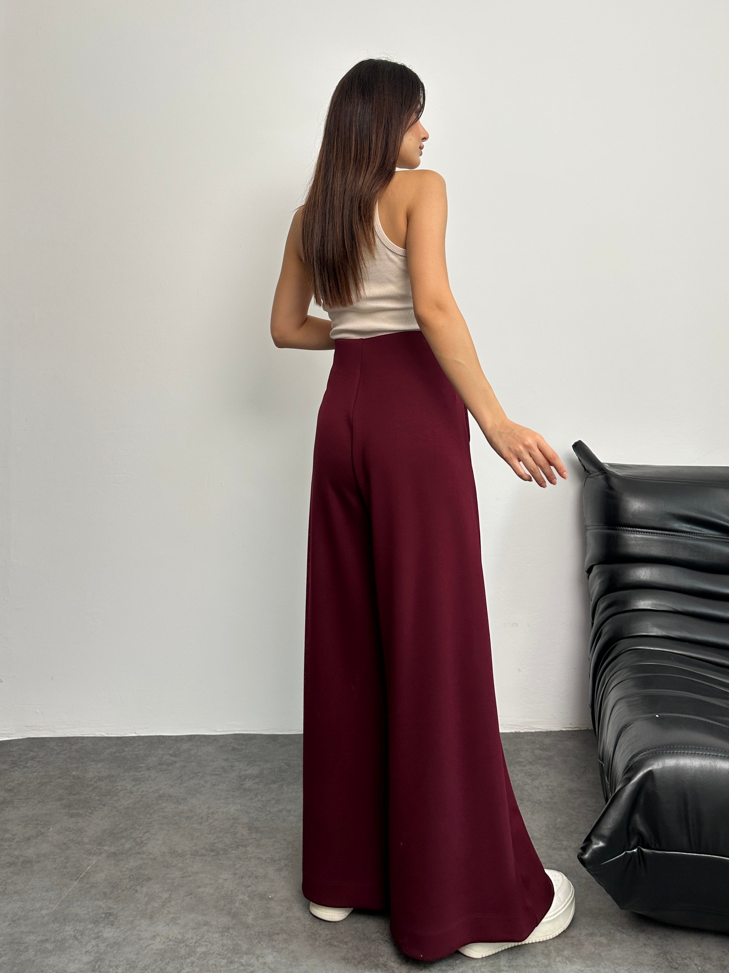 Yüksek Bel Pile Detaylı Geniş Paça Oysho Pantolon 8909 - Bordo