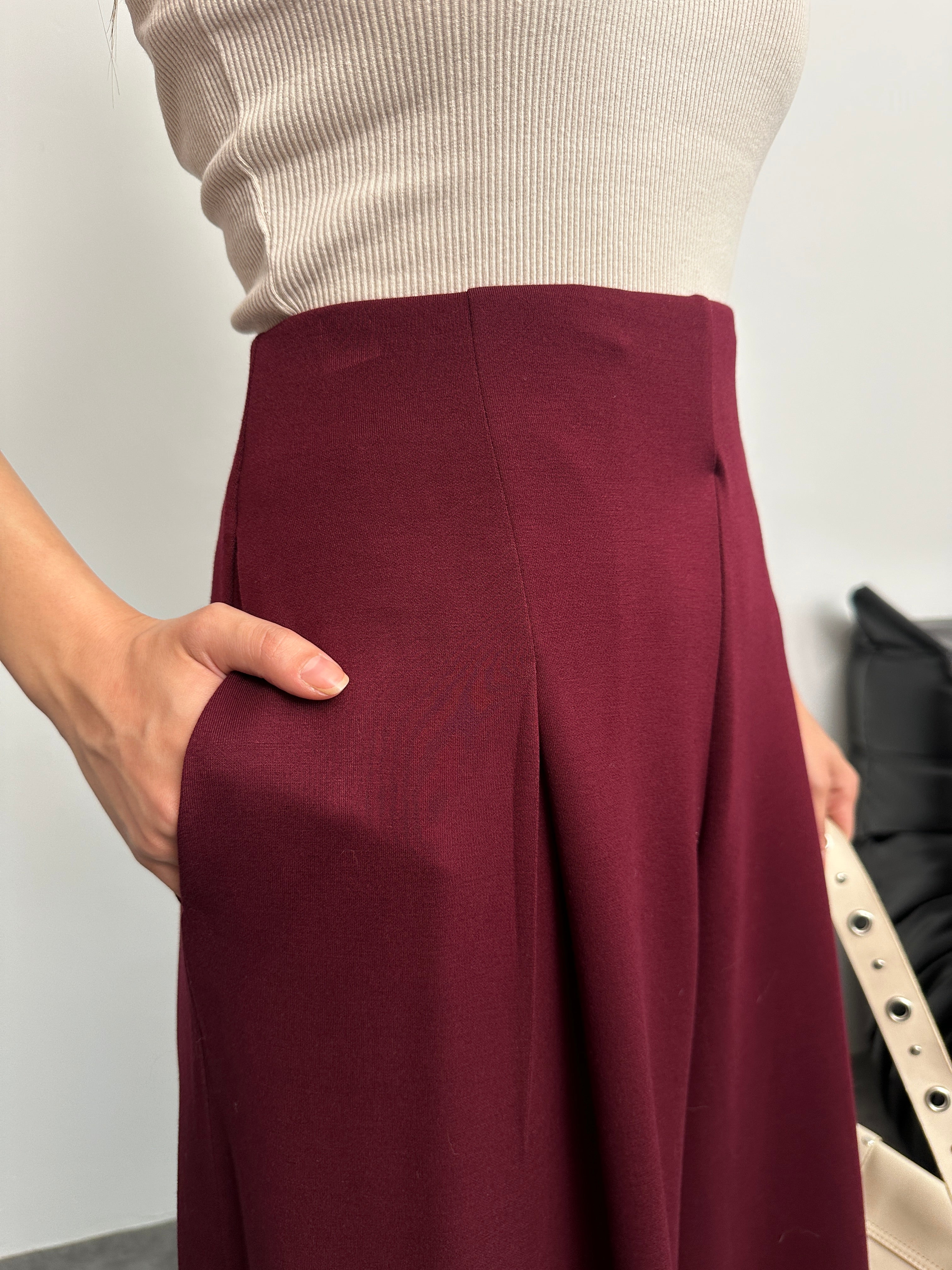 Yüksek Bel Pile Detaylı Geniş Paça Oysho Pantolon 8909 - Bordo