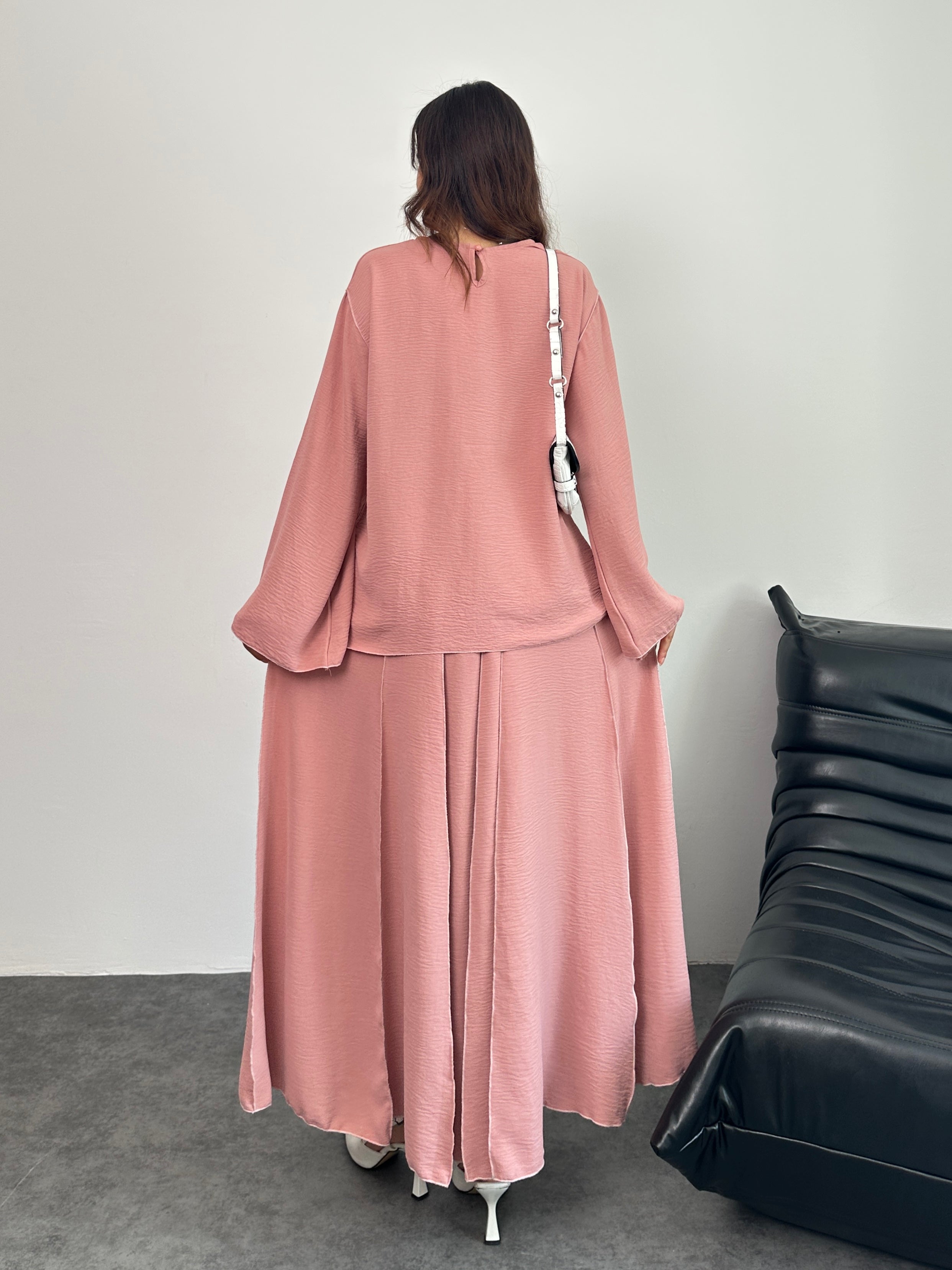 Overlok Detaylı Bluzlu ve Etekli İkili Takım 8045 - Pembe