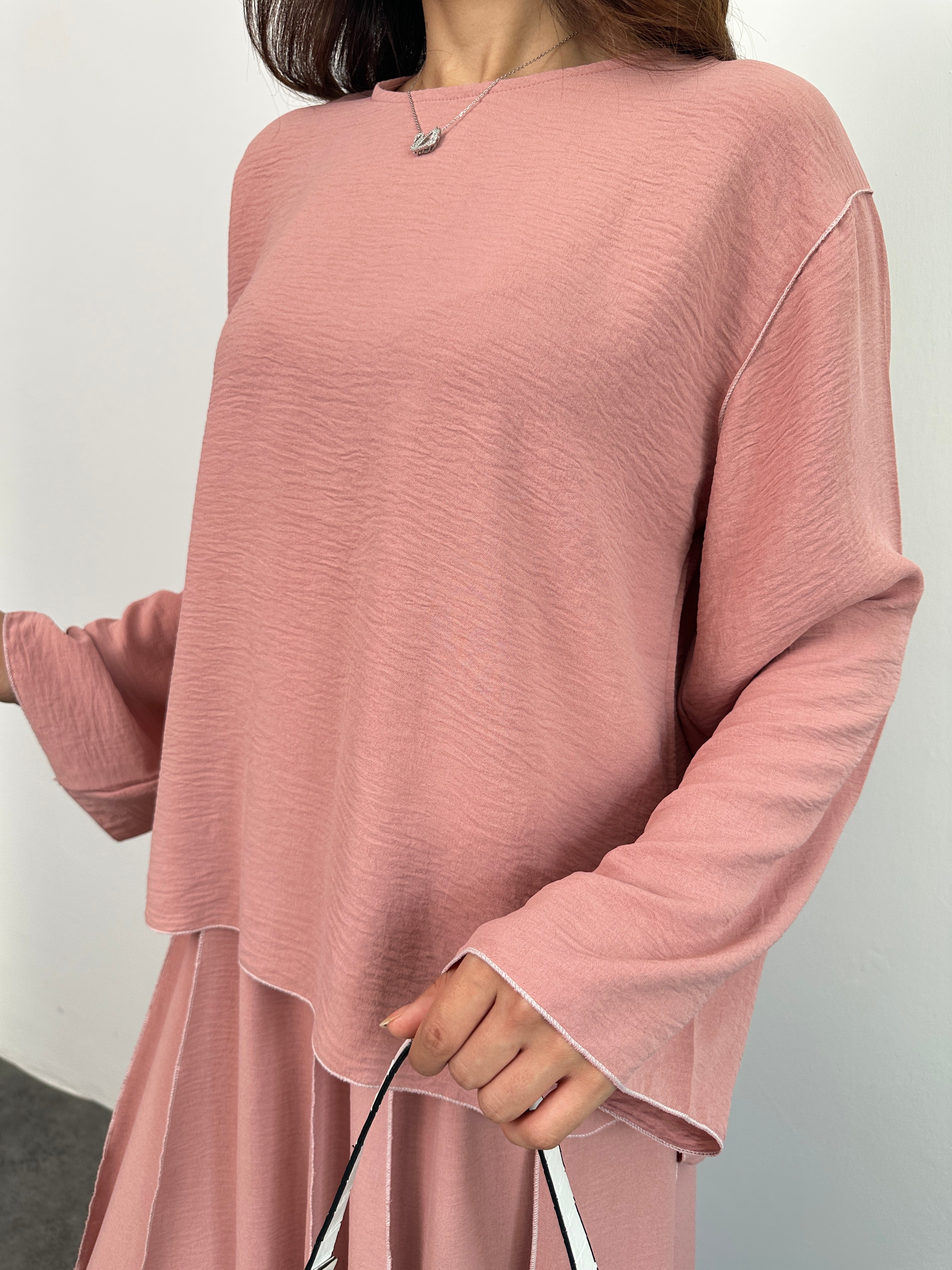 Overlok Detaylı Bluzlu ve Etekli İkili Takım 8045 - Pembe