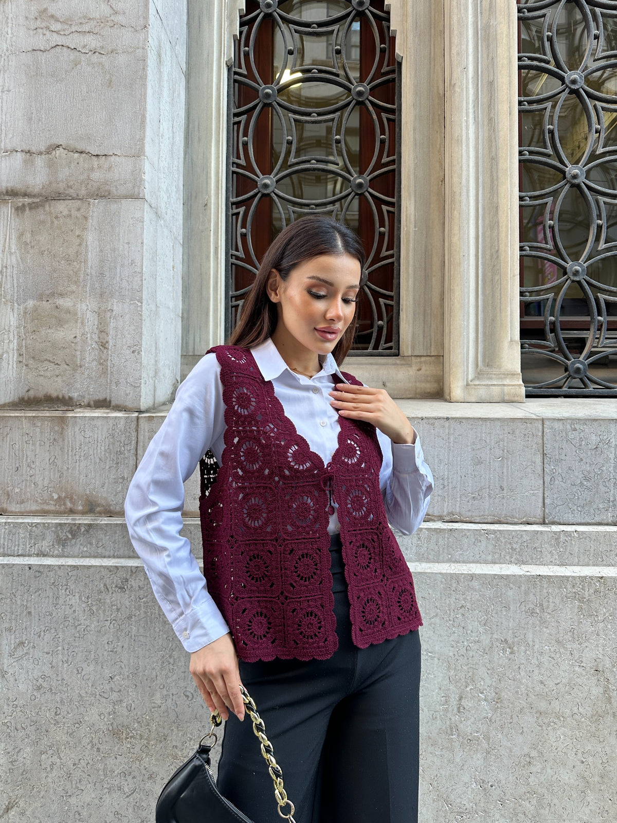 HatunAtila Çiçek Desenli Akrilik Süzene Yelek 5198 - Bordo