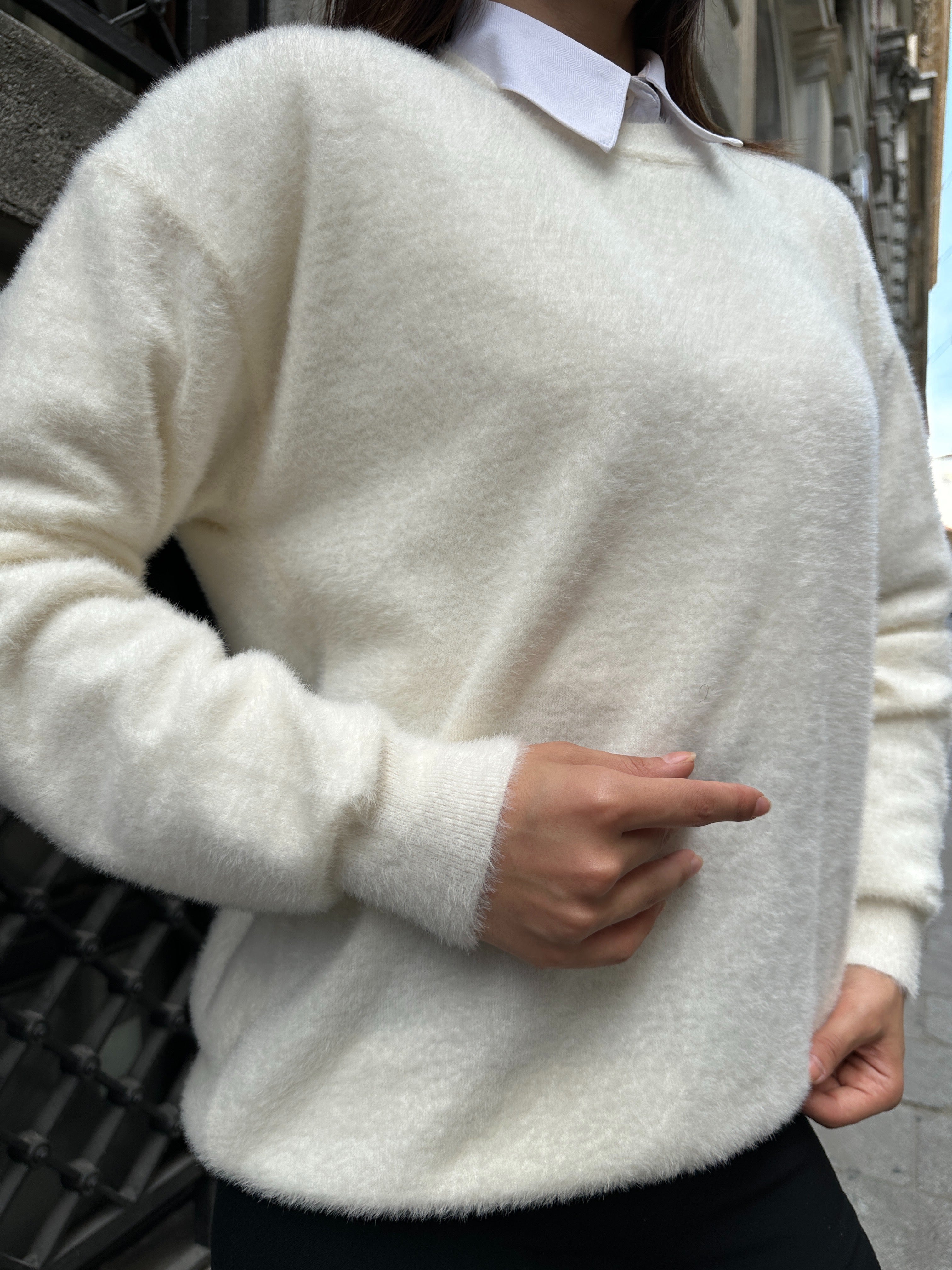 Oversize Yumuşak Dokulu Sakallı Triko Kazak 2616 - Beyaz