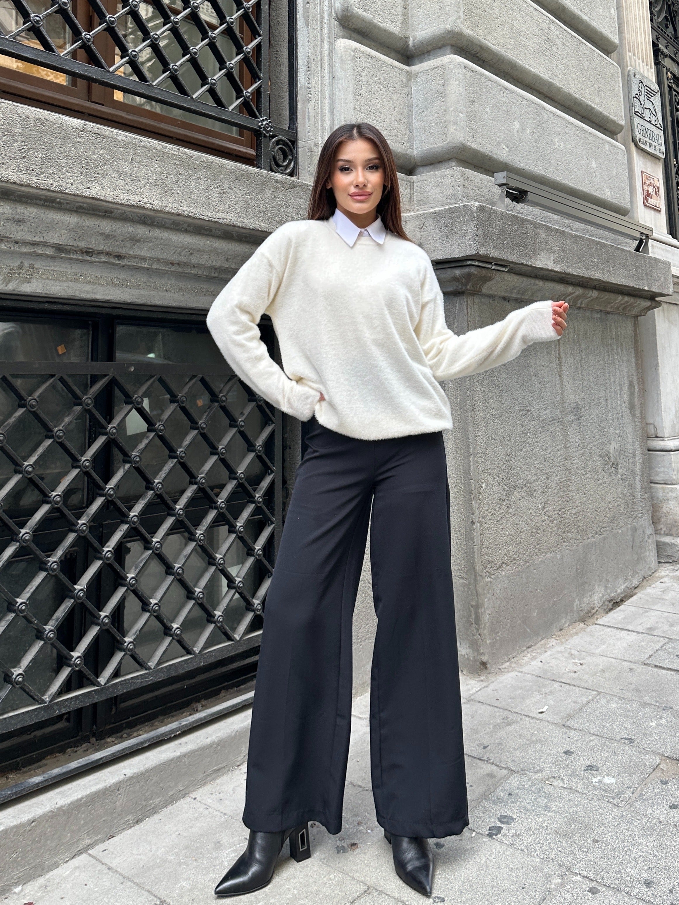 Oversize Yumuşak Dokulu Sakallı Triko Kazak 2616 - Beyaz