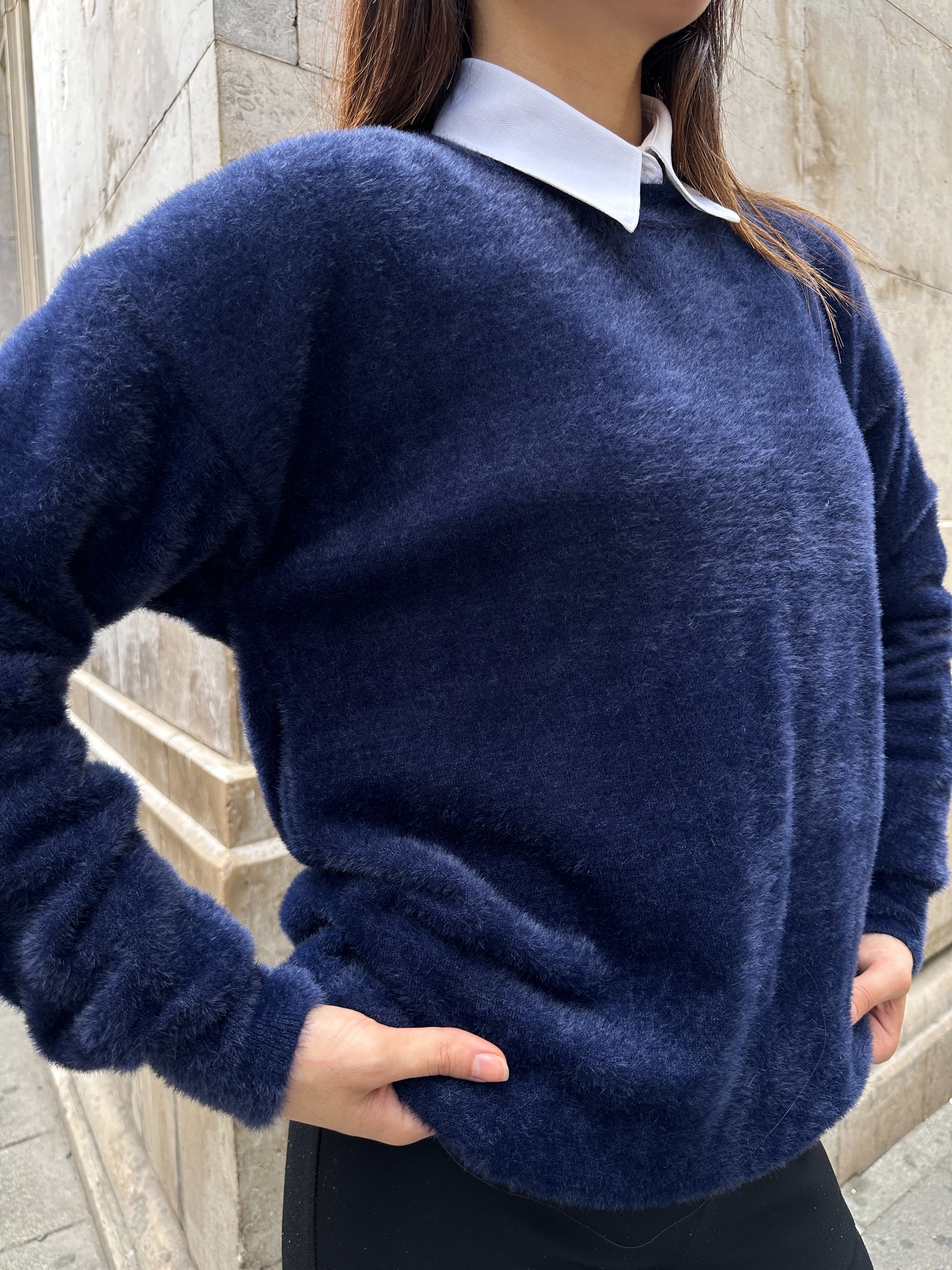 Oversize Yumuşak Dokulu Sakallı Triko Kazak 2616 - Lacivert