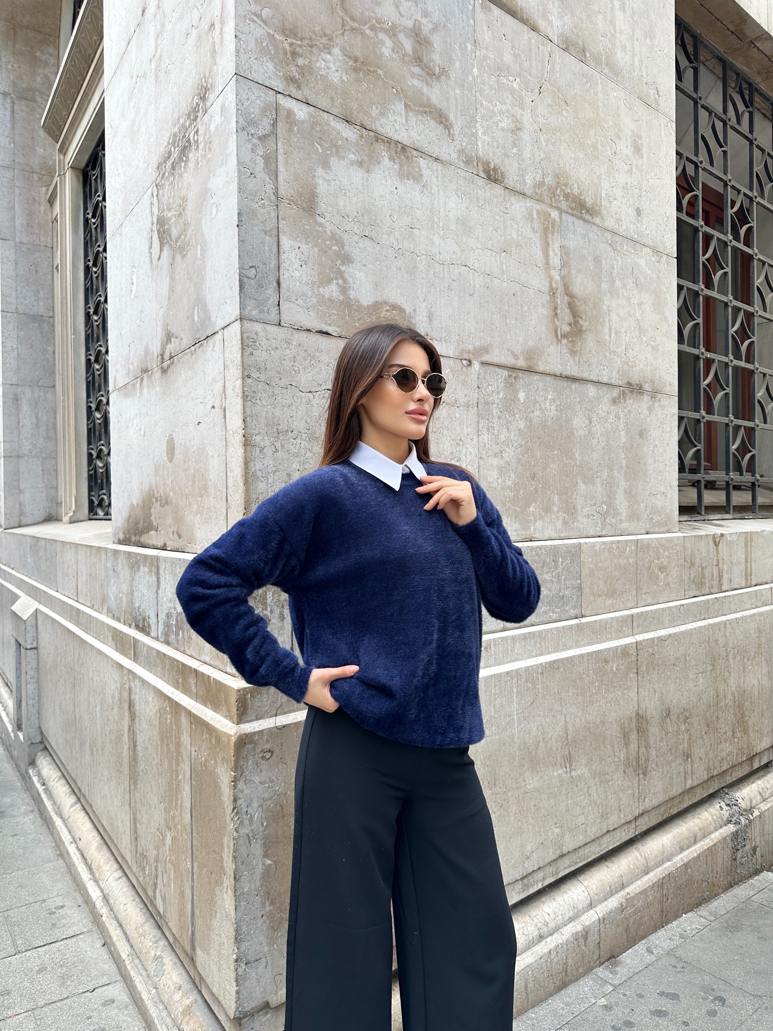 Oversize Yumuşak Dokulu Sakallı Triko Kazak 2616 - Lacivert
