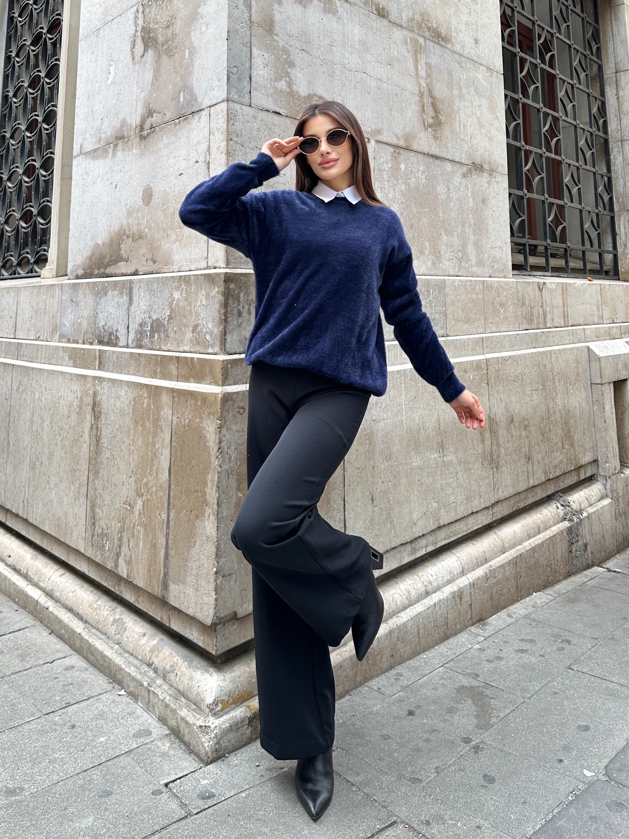 Oversize Yumuşak Dokulu Sakallı Triko Kazak 2616 - Lacivert