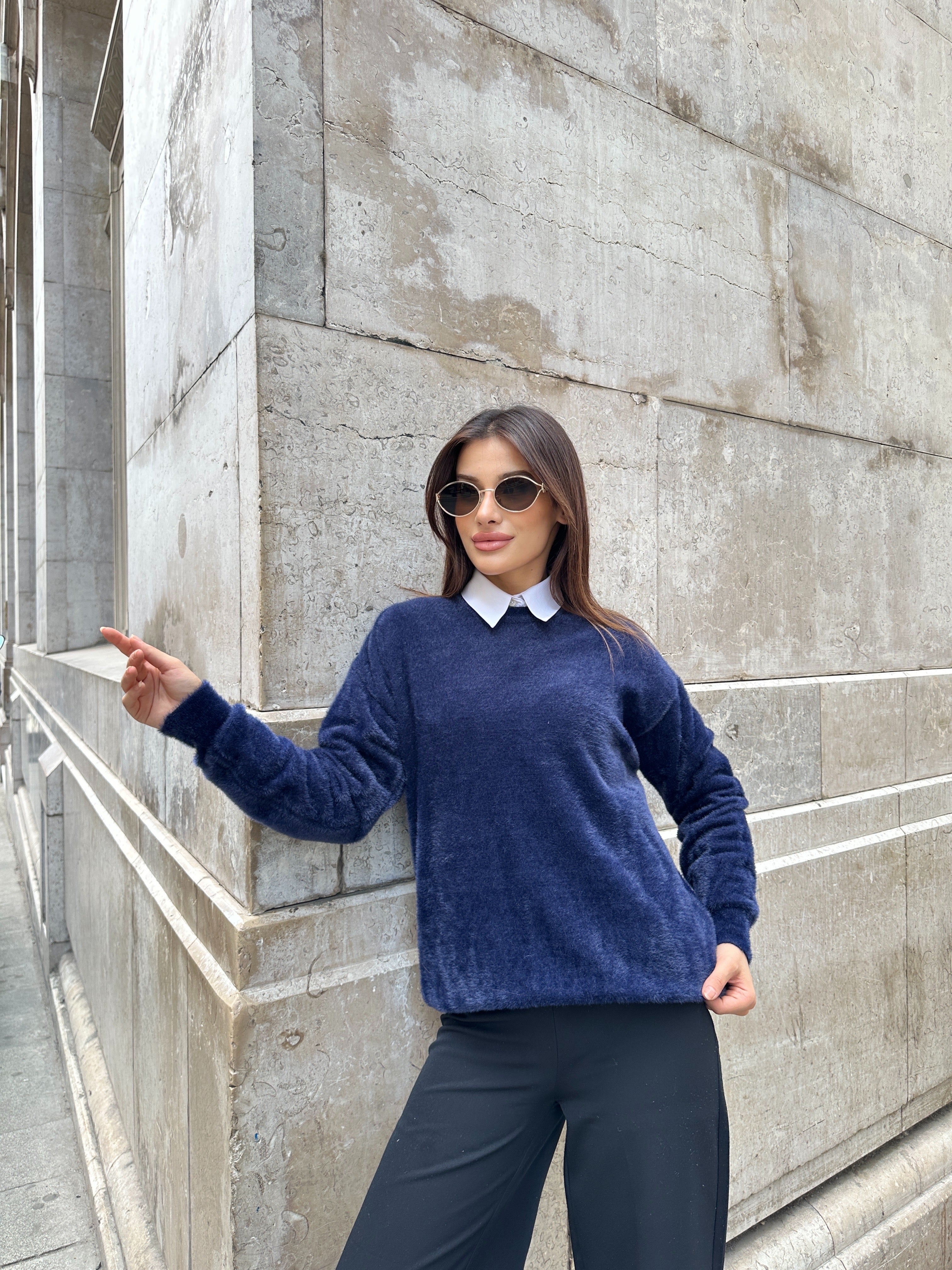 Oversize Yumuşak Dokulu Sakallı Triko Kazak 2616 - Lacivert