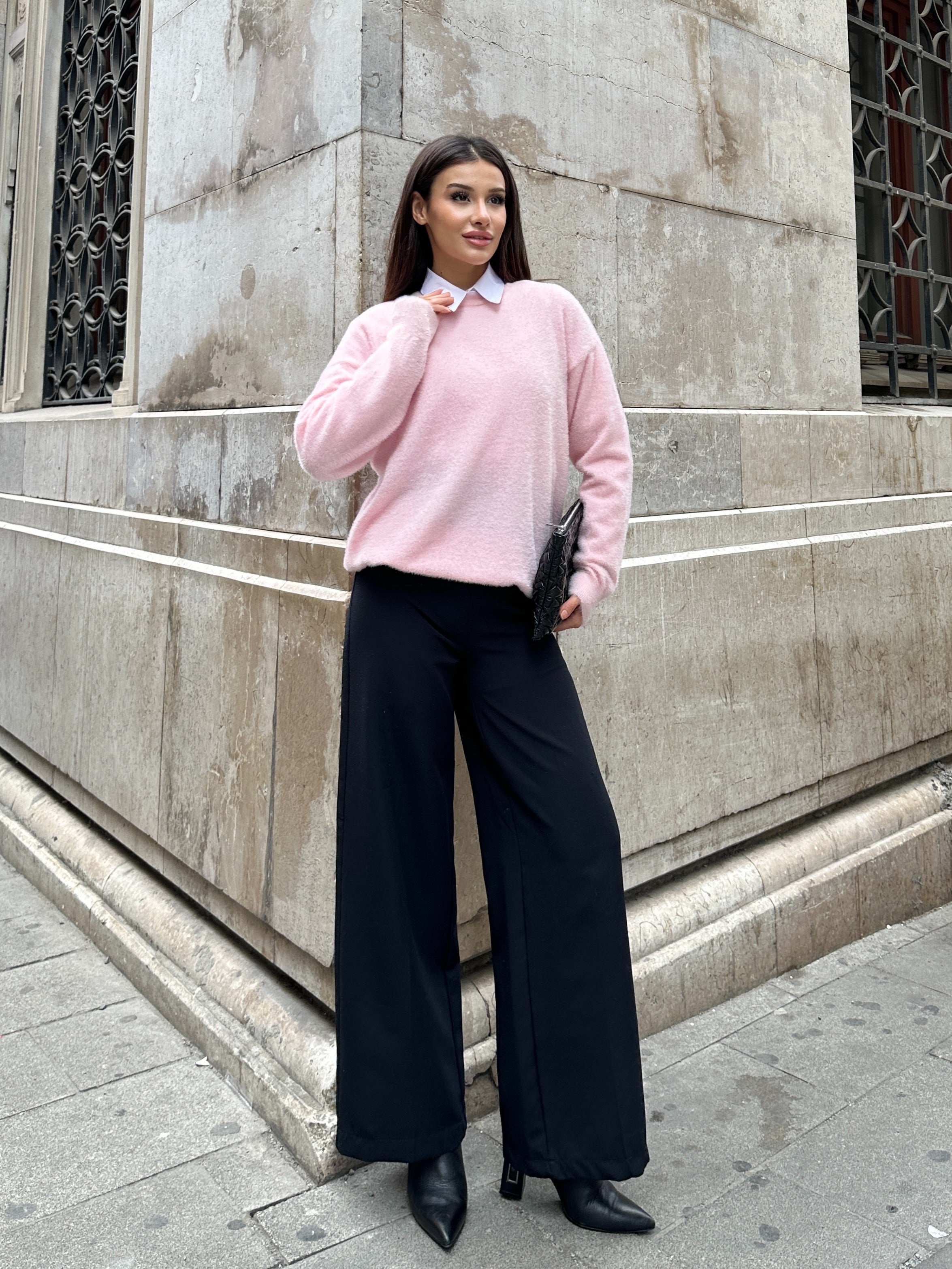 Oversize Yumuşak Dokulu Sakallı Triko Kazak 2616 - Pembe