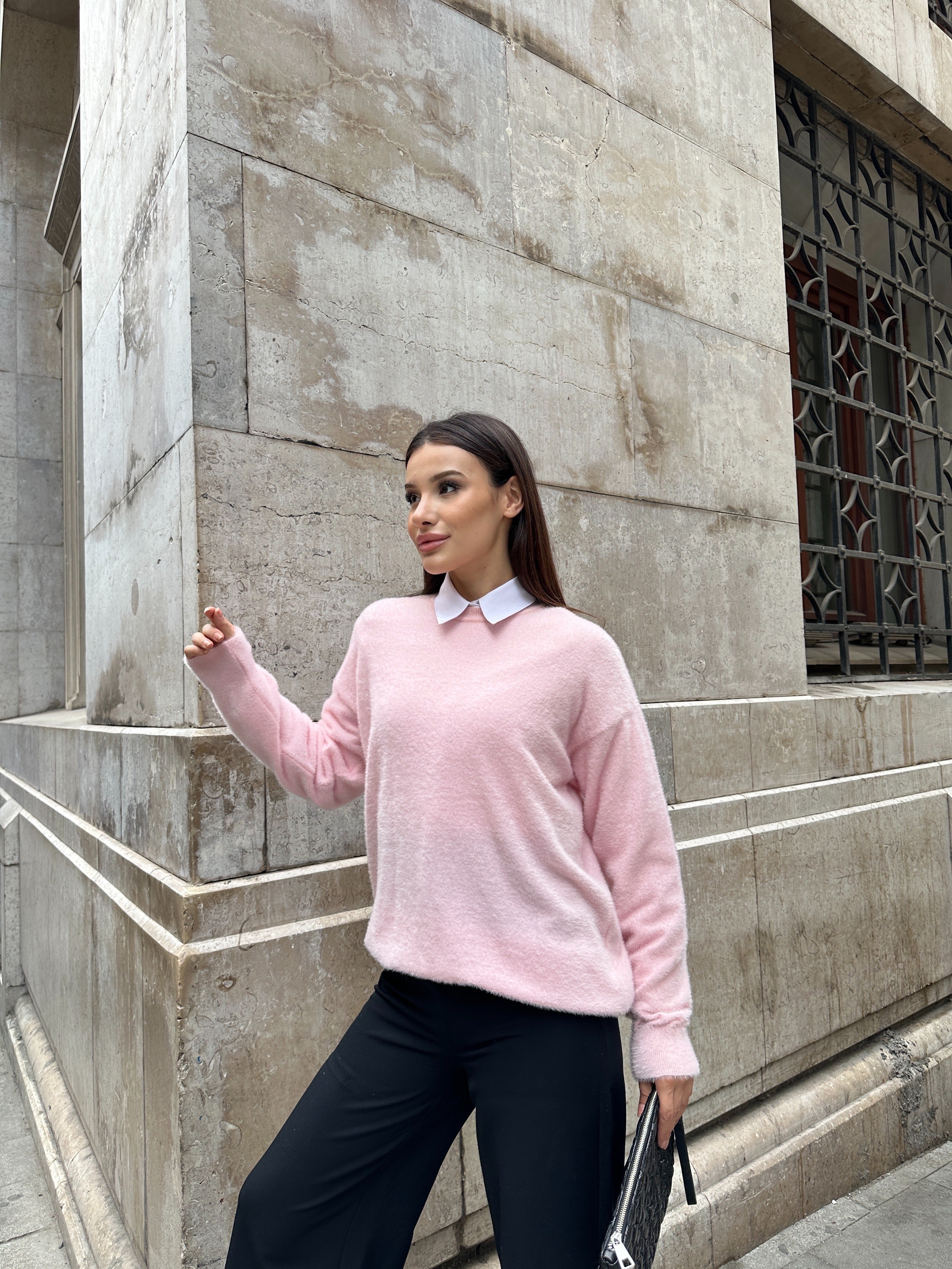 Oversize Yumuşak Dokulu Sakallı Triko Kazak 2616 - Pembe