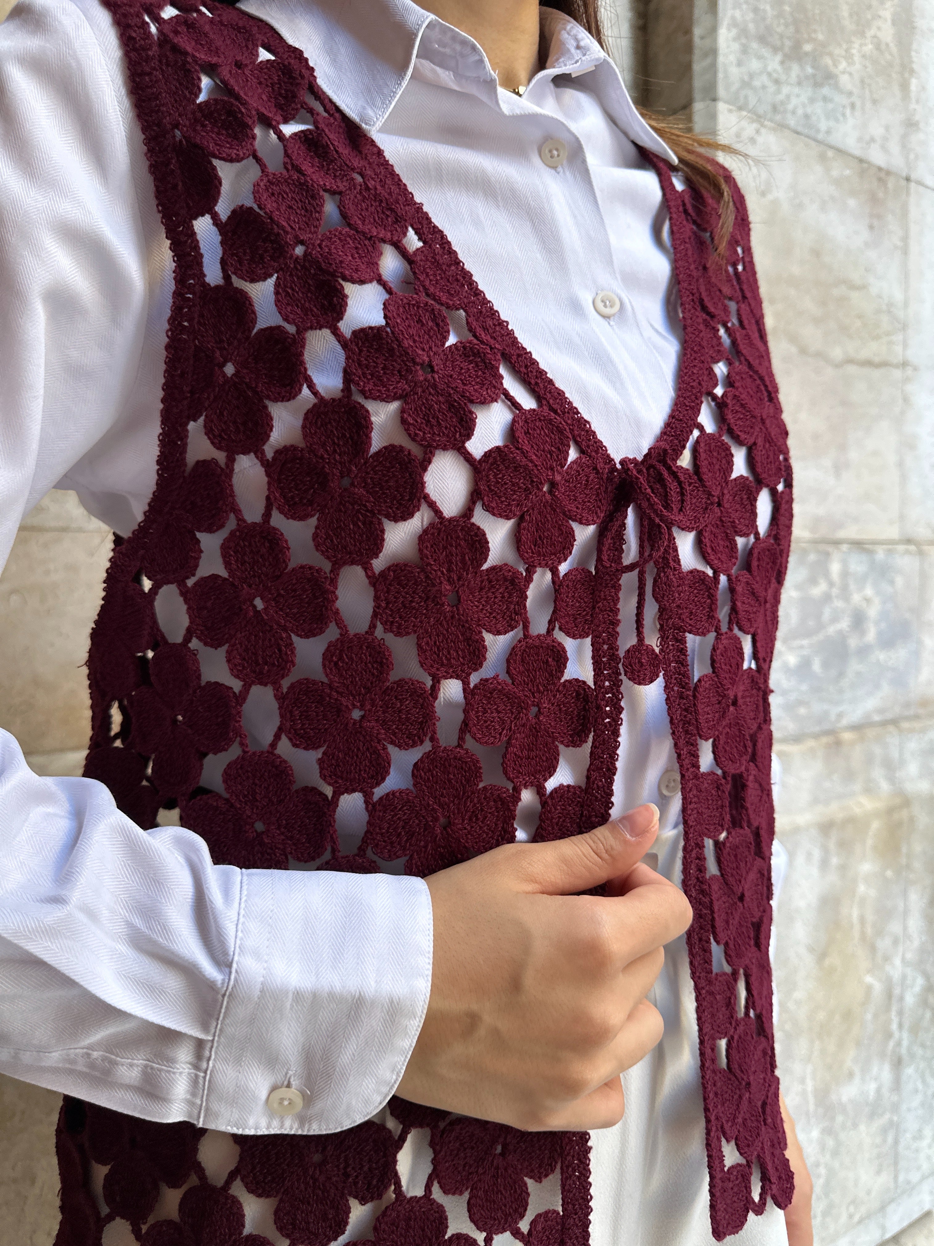 HatunAtila Çiçek Desenli Akrilik Süzene Yelek 5196 - Bordo