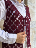 HatunAtila Çiçek Desenli Akrilik Süzene Yelek 5196 - Bordo