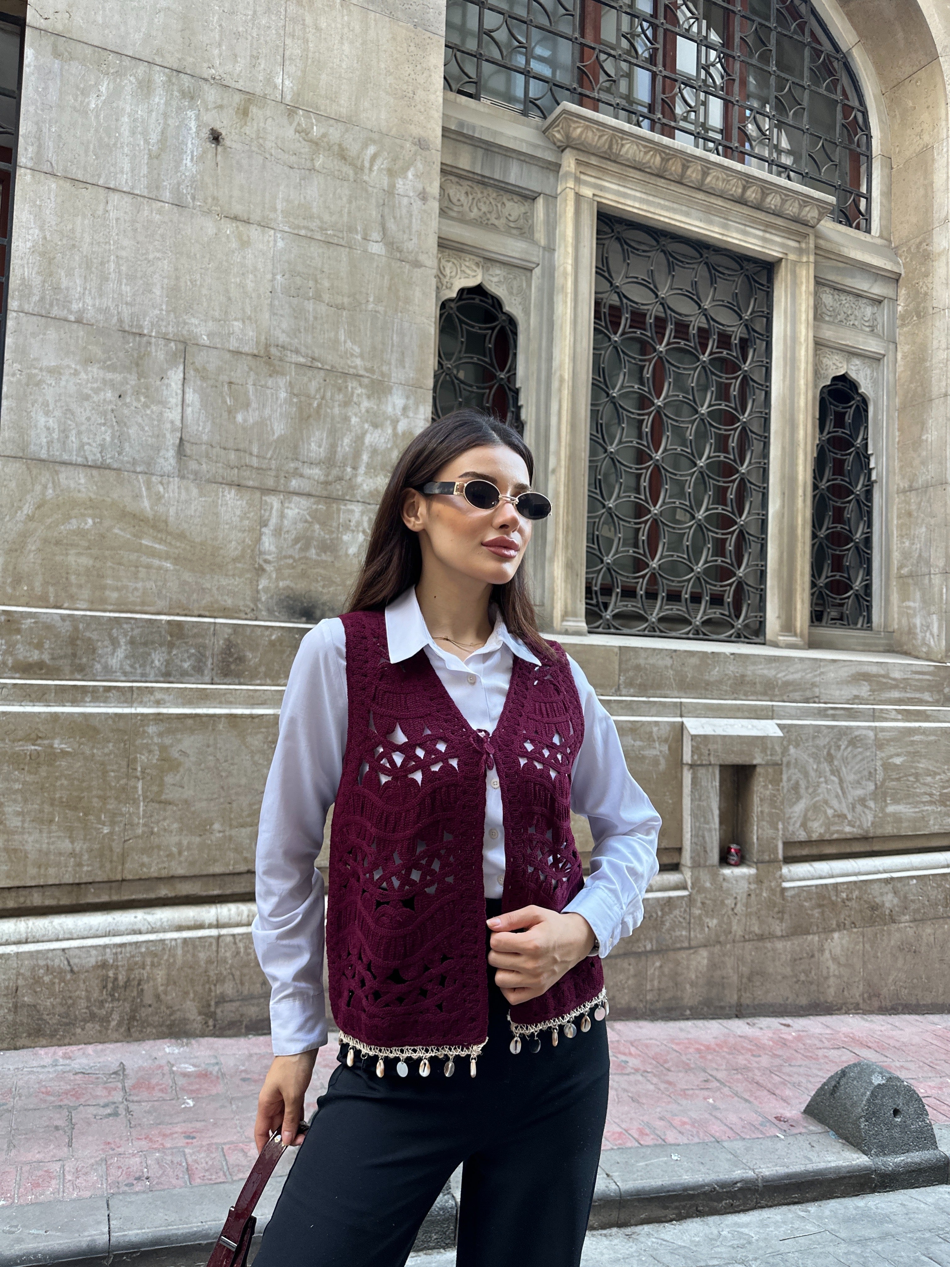 Deniz Kabuklu ve Pul Şerit Detaylı Süzene Yelek 5242 - Bordo