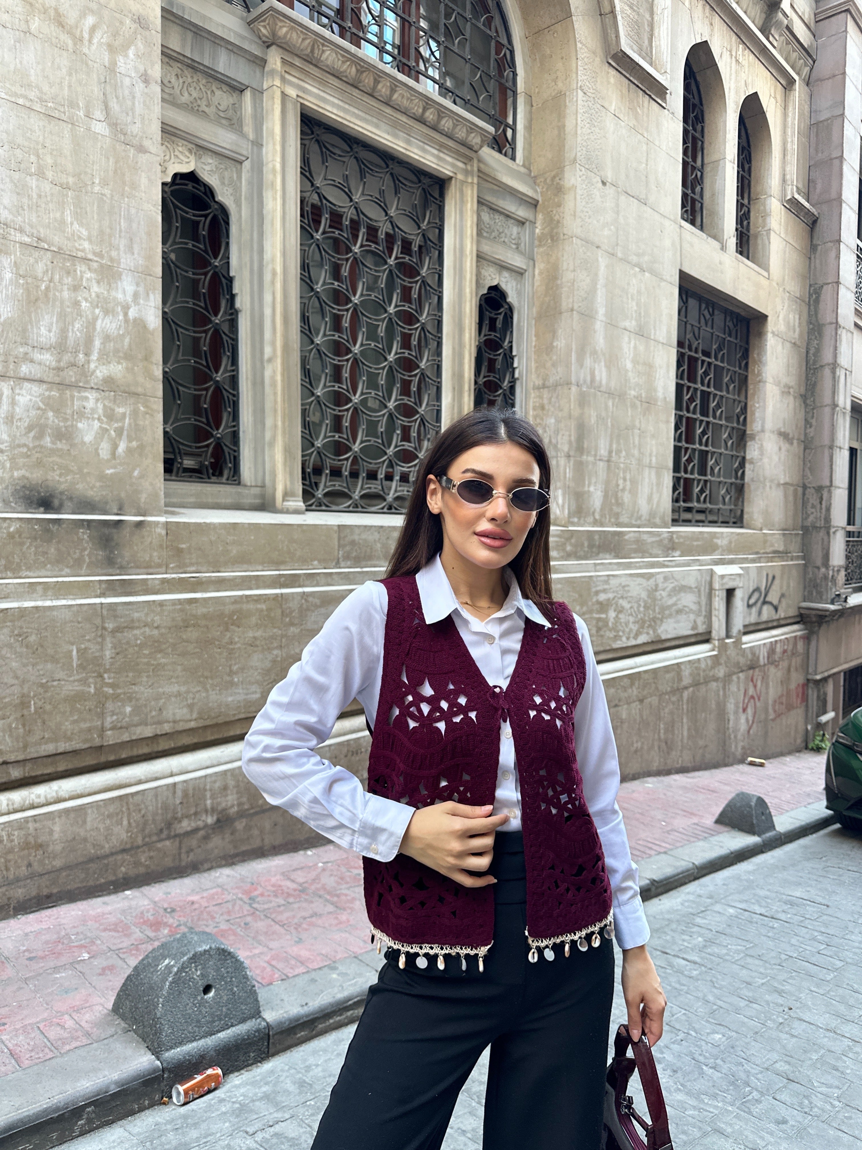 Deniz Kabuklu ve Pul Şerit Detaylı Süzene Yelek 5242 - Bordo