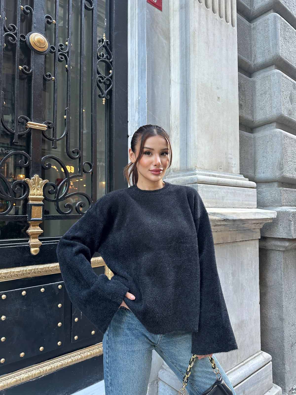 Oversize Bisiklet Yaka Yumuşak Dokulu Şardonlu Triko Kazak 2618 - Siyah