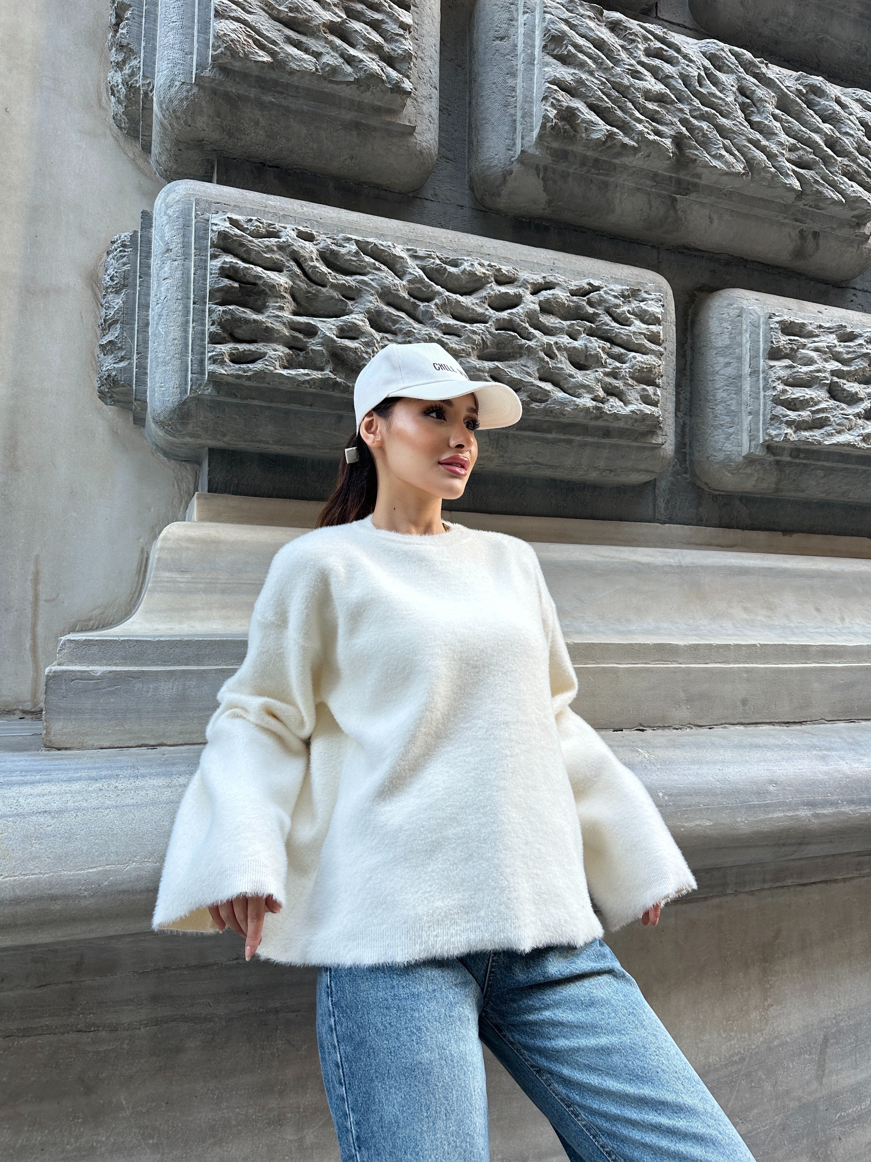 Oversize Bisiklet Yaka Yumuşak Dokulu Şardonlu Triko Kazak 2618 - Beyaz