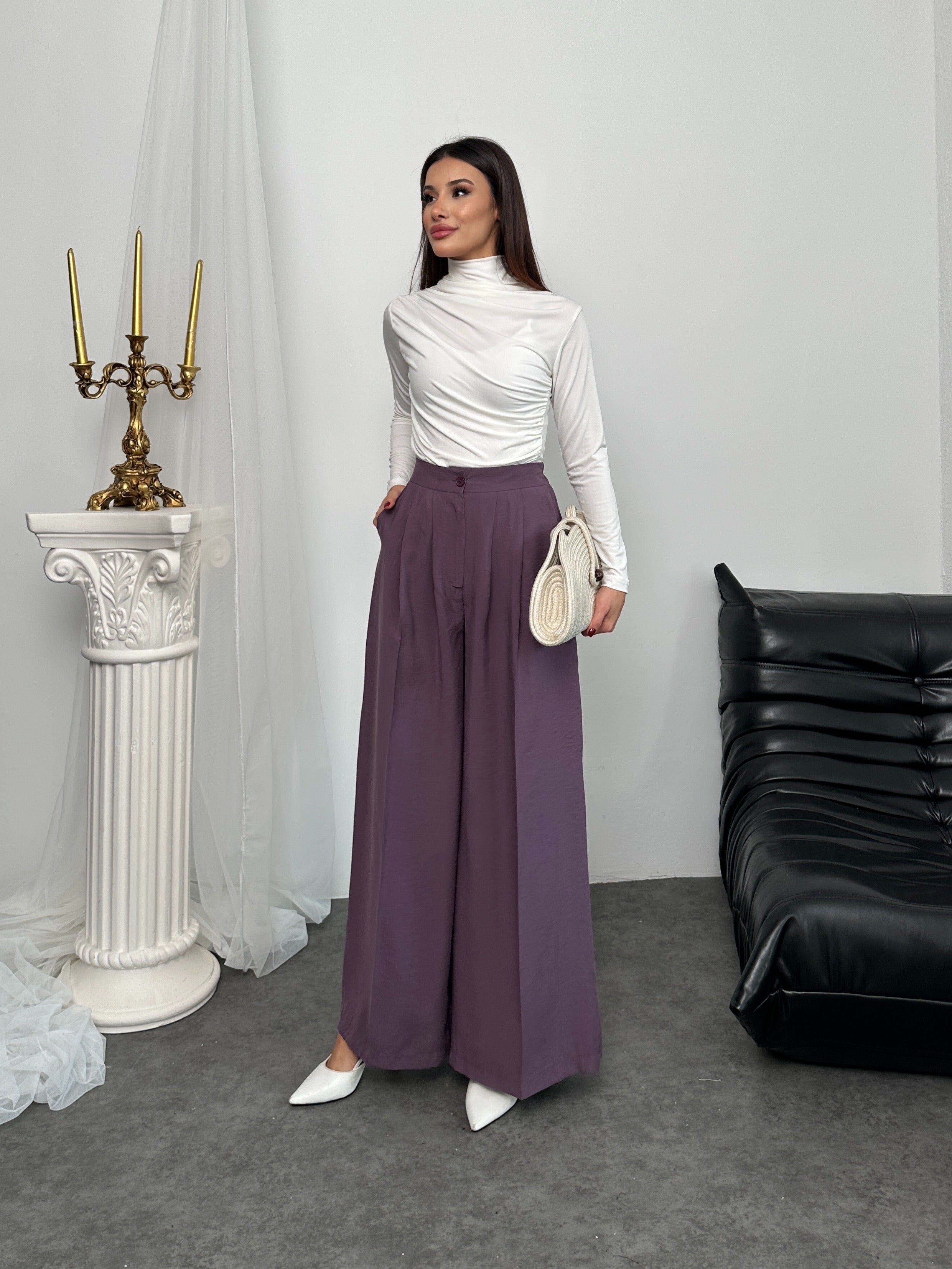 Pileli Yüksek Bel Geniş Paça Modal Kumaş Palazzo Pantolon 8039 - Mor