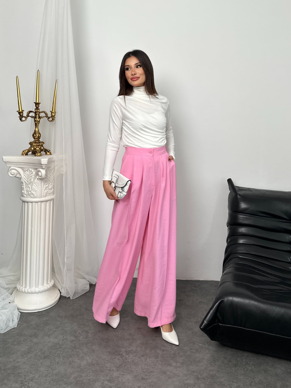 Pileli Yüksek Bel Geniş Paça Modal Kumaş Palazzo Pantolon 8039 - Pembe