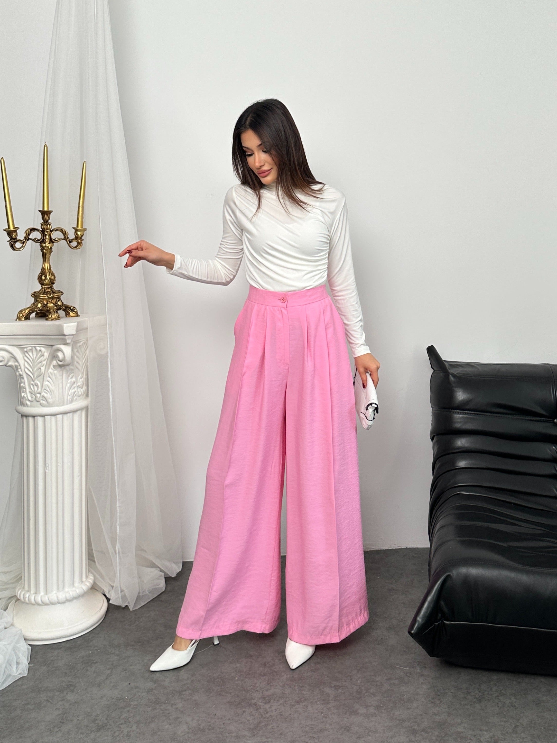 Pileli Yüksek Bel Geniş Paça Modal Kumaş Palazzo Pantolon 8039 - Pembe
