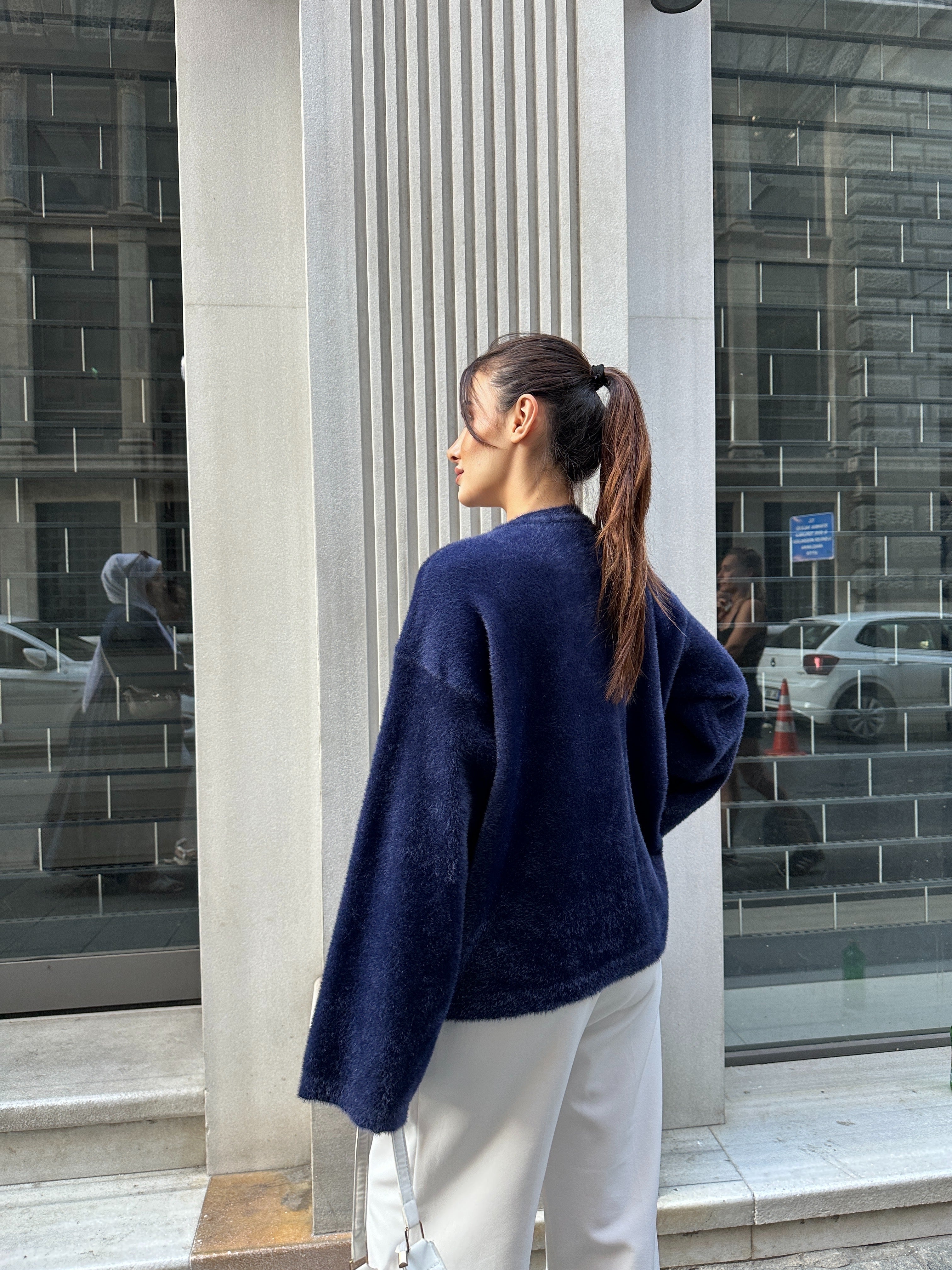 Oversize Bisiklet Yaka Yumuşak Dokulu Şardonlu Triko Kazak 2618 - Lacivert