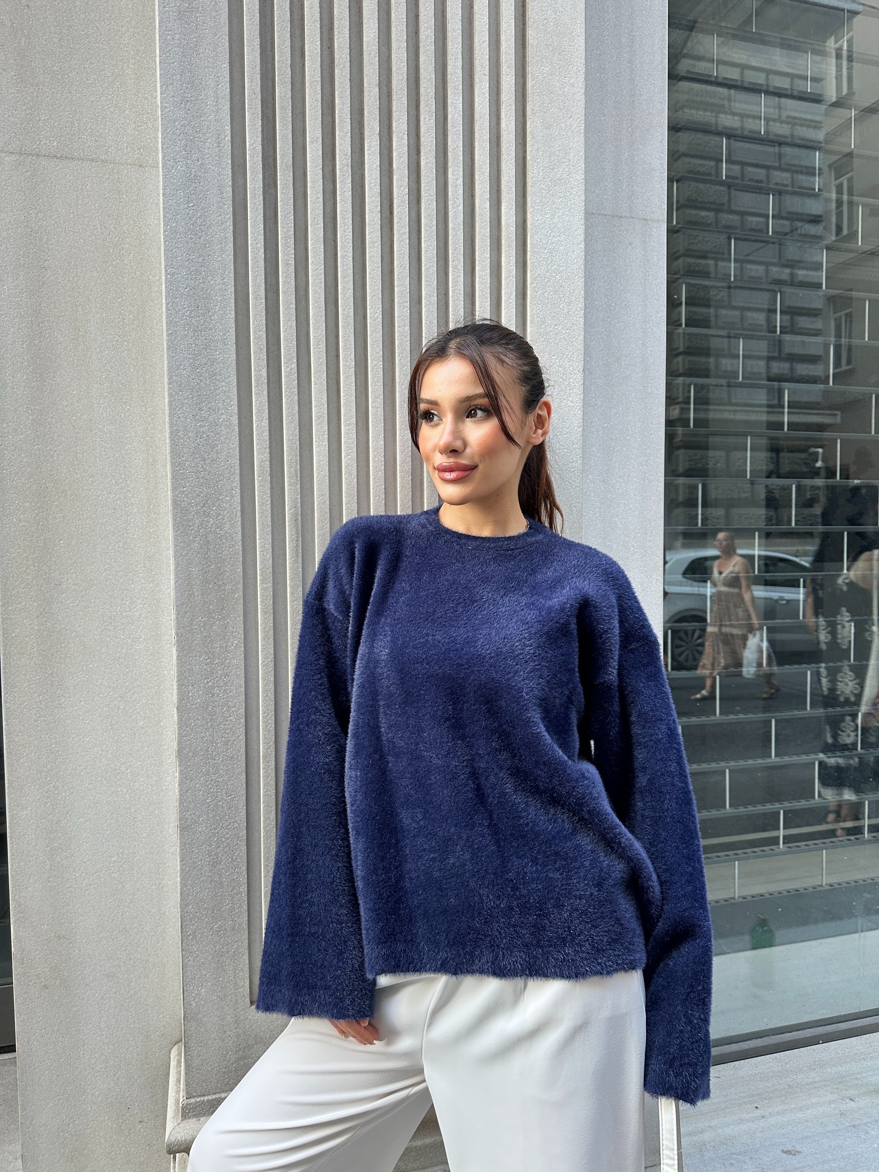 Oversize Bisiklet Yaka Yumuşak Dokulu Şardonlu Triko Kazak 2618 - Lacivert