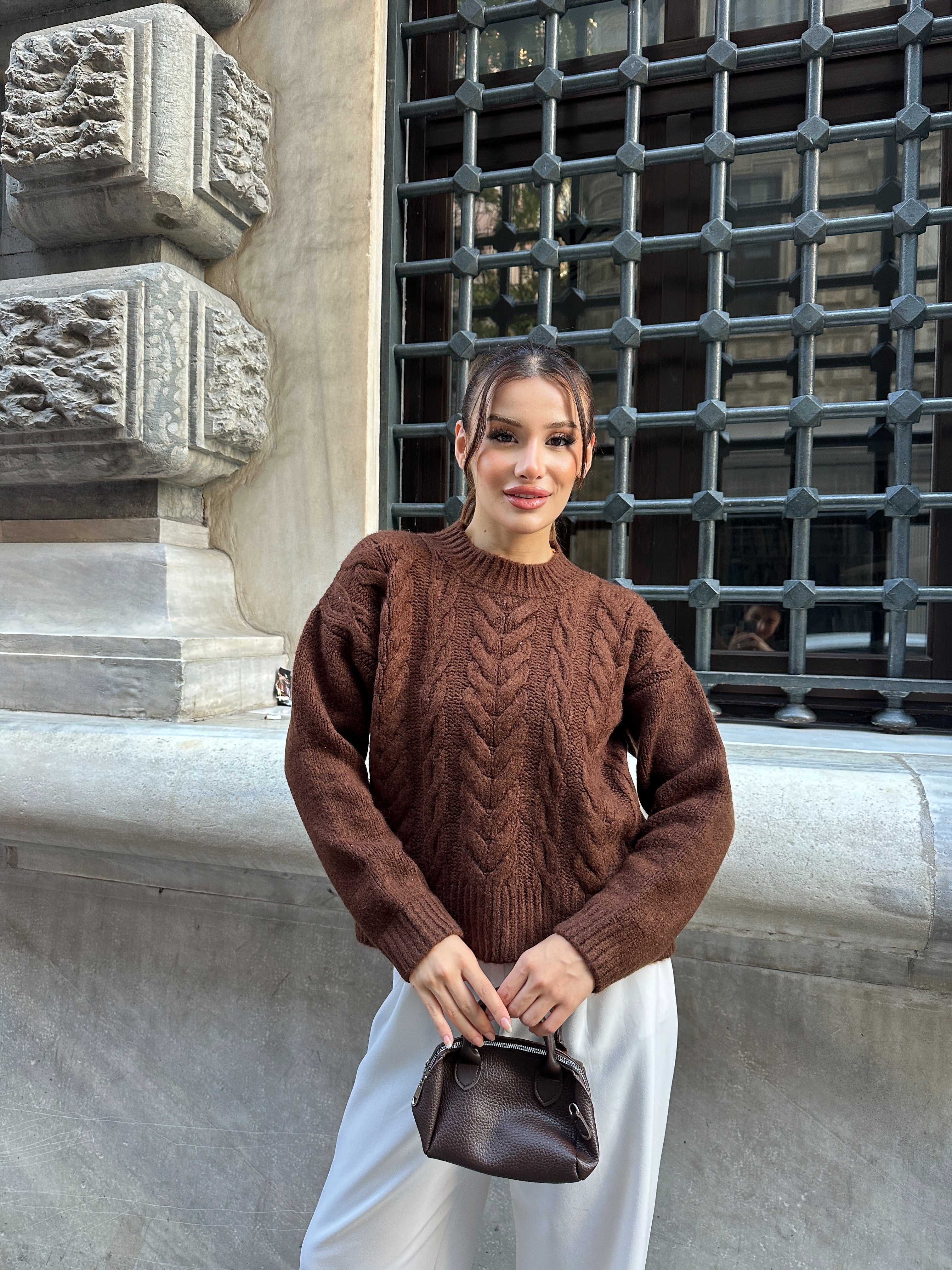 Saç Örgü Desenli Şardonlu Triko Kazak 1101 - Kahverengi
