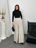 Pileli Yüksek Bel Geniş Paça Modal Kumaş Palazzo Pantolon 8039 - Bej