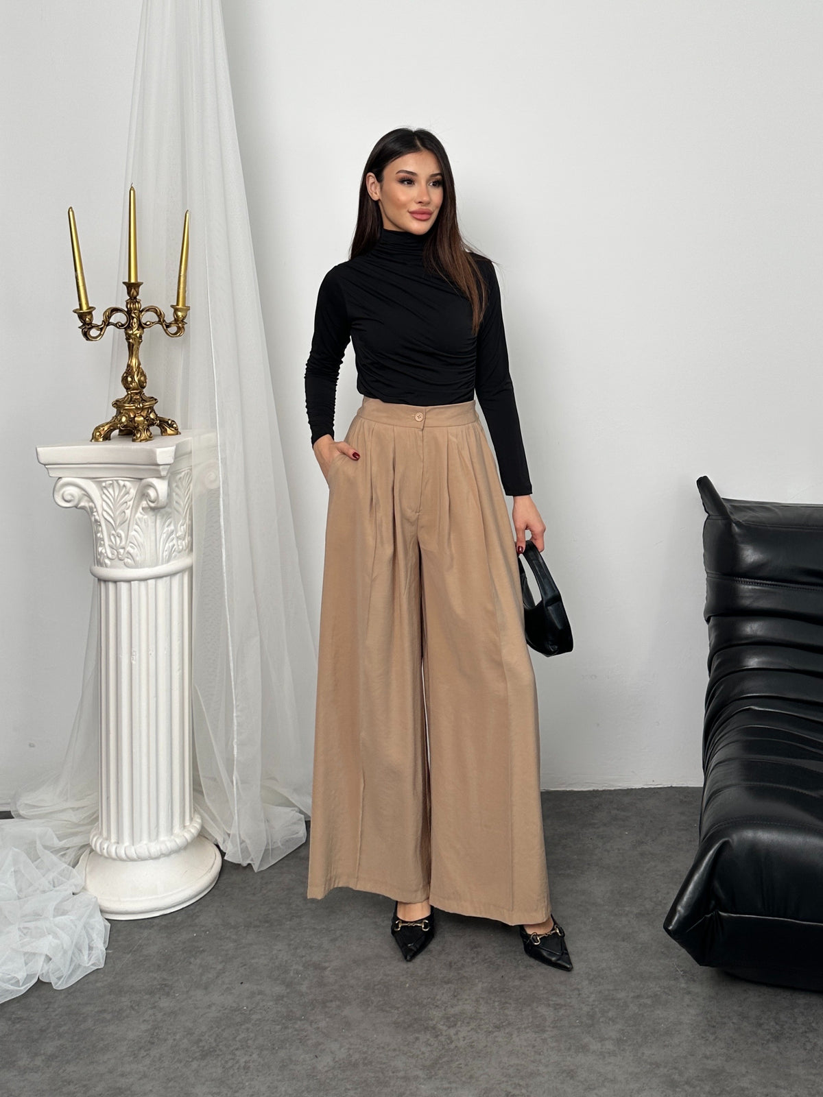 Pileli Yüksek Bel Geniş Paça Modal Kumaş Palazzo Pantolon 8039 - Vizon