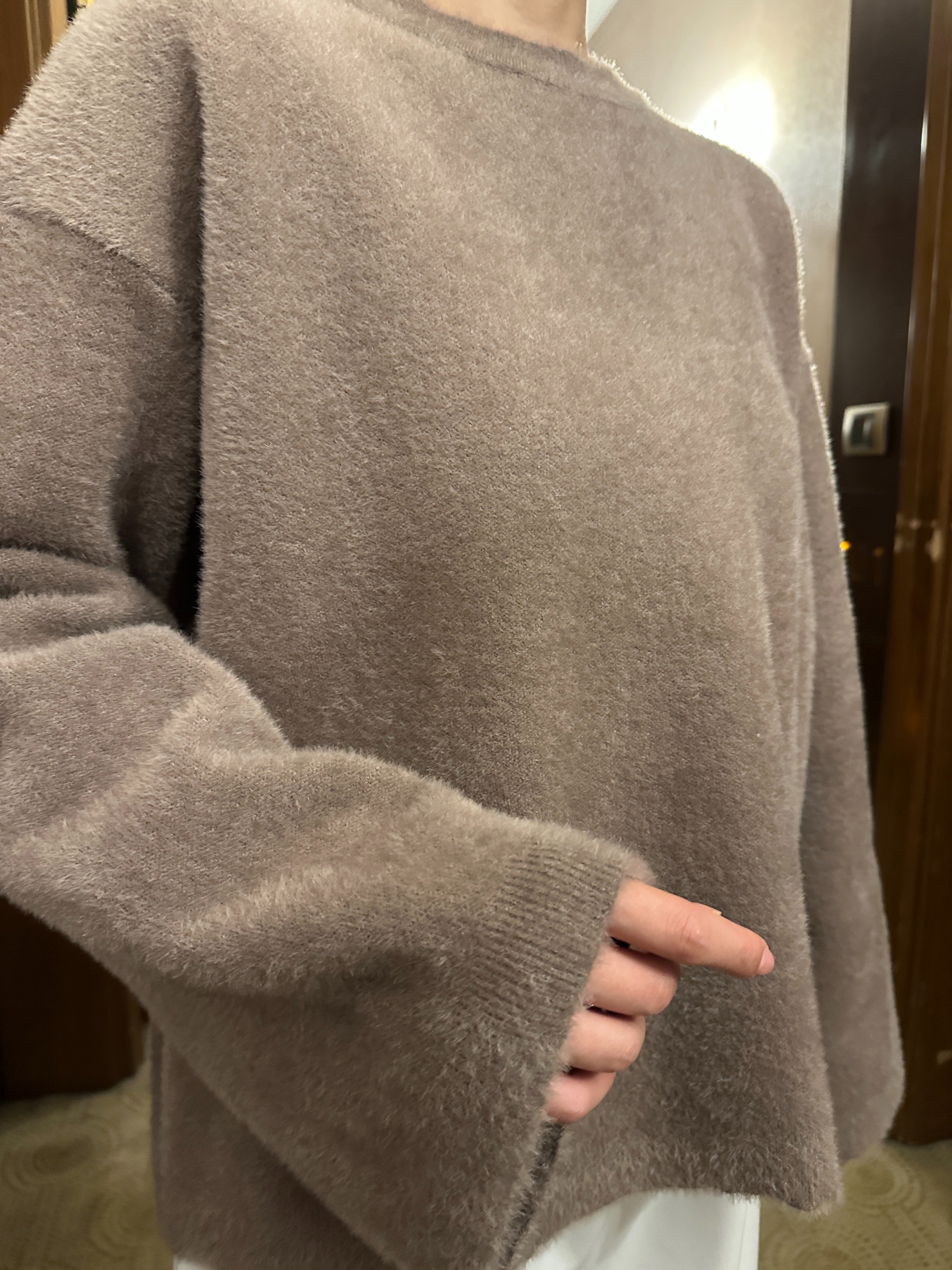 Oversize Bisiklet Yaka Yumuşak Dokulu Şardonlu Triko Kazak 2618 - Vizon