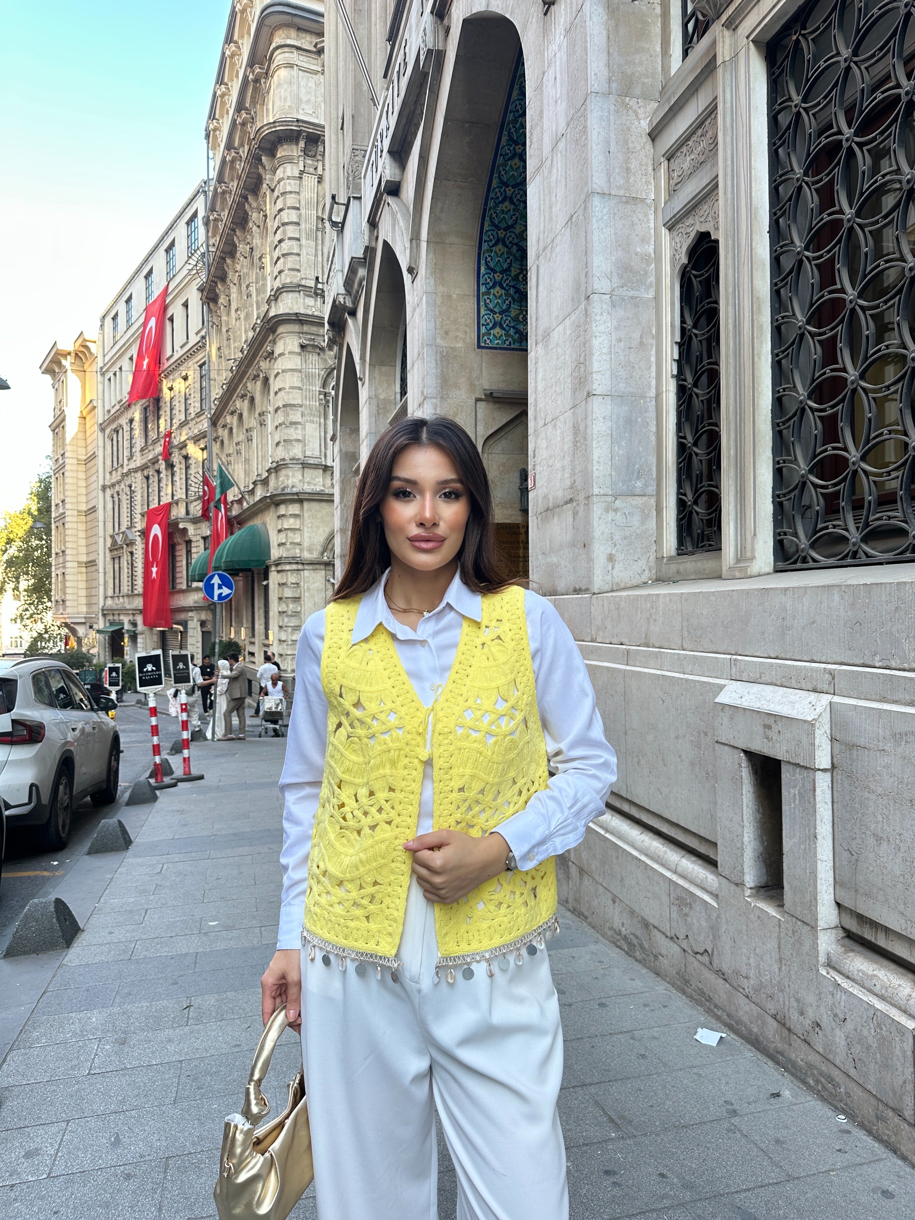 Deniz Kabuklu ve Pul Şerit Detaylı Süzene Yelek 5242 - Sarı